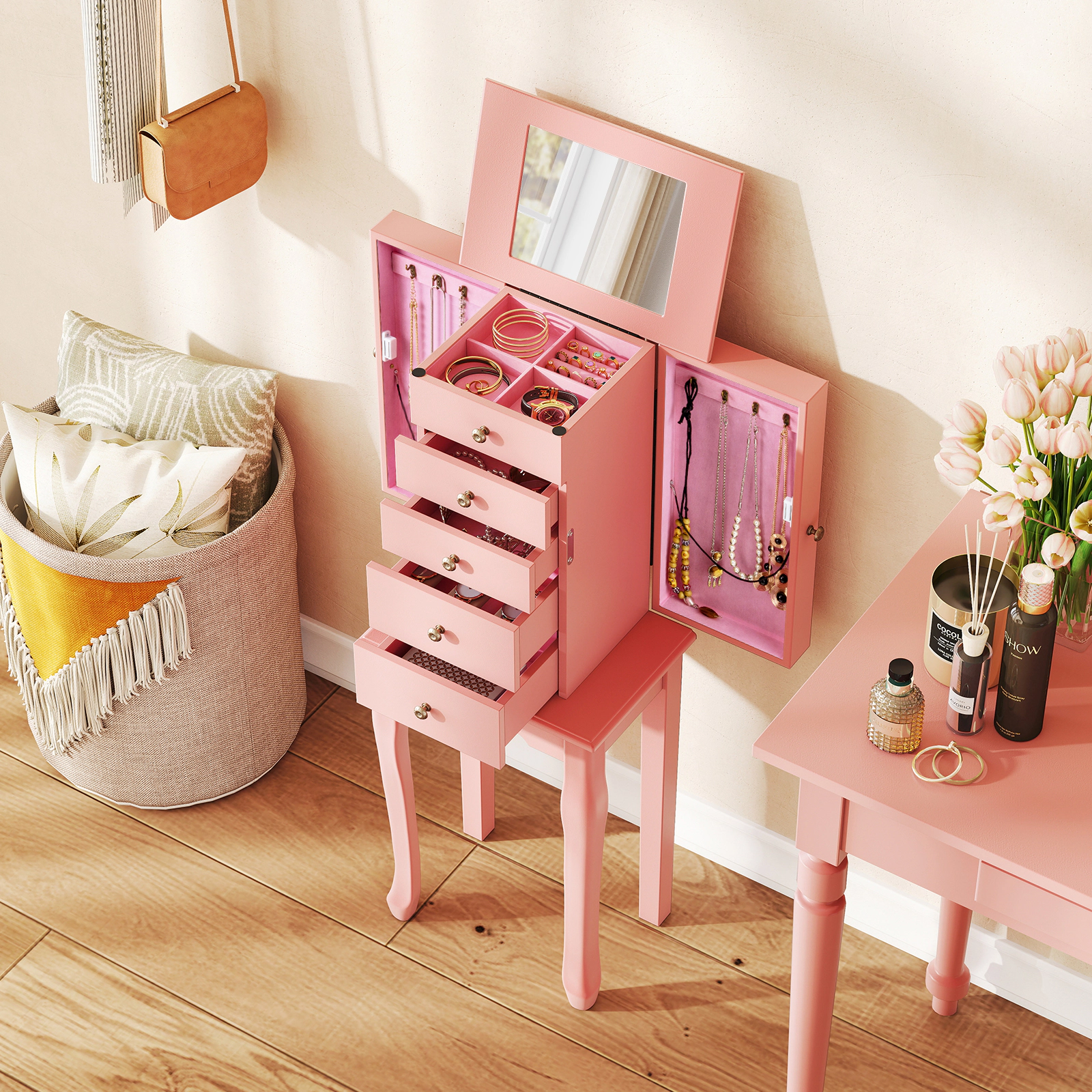 SlickBlue Jewelry Storage Cabinet with Mirror and 5 Drawers