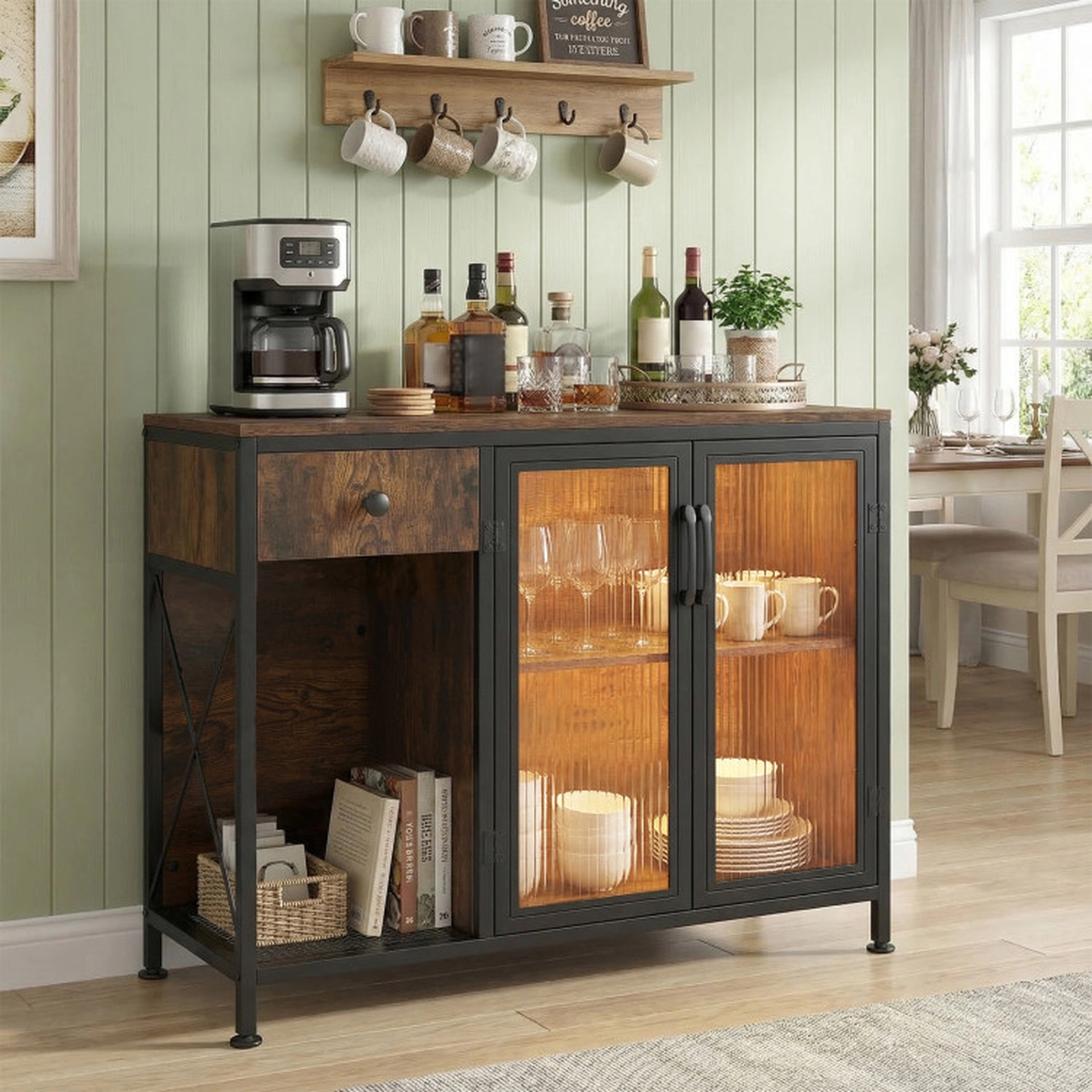 SUGIFT Power Outlets USB LED Light Glass Doors Buffet Sideboard 34-in x 16-in x 29-in 110-lb Capacity Rustic Brown