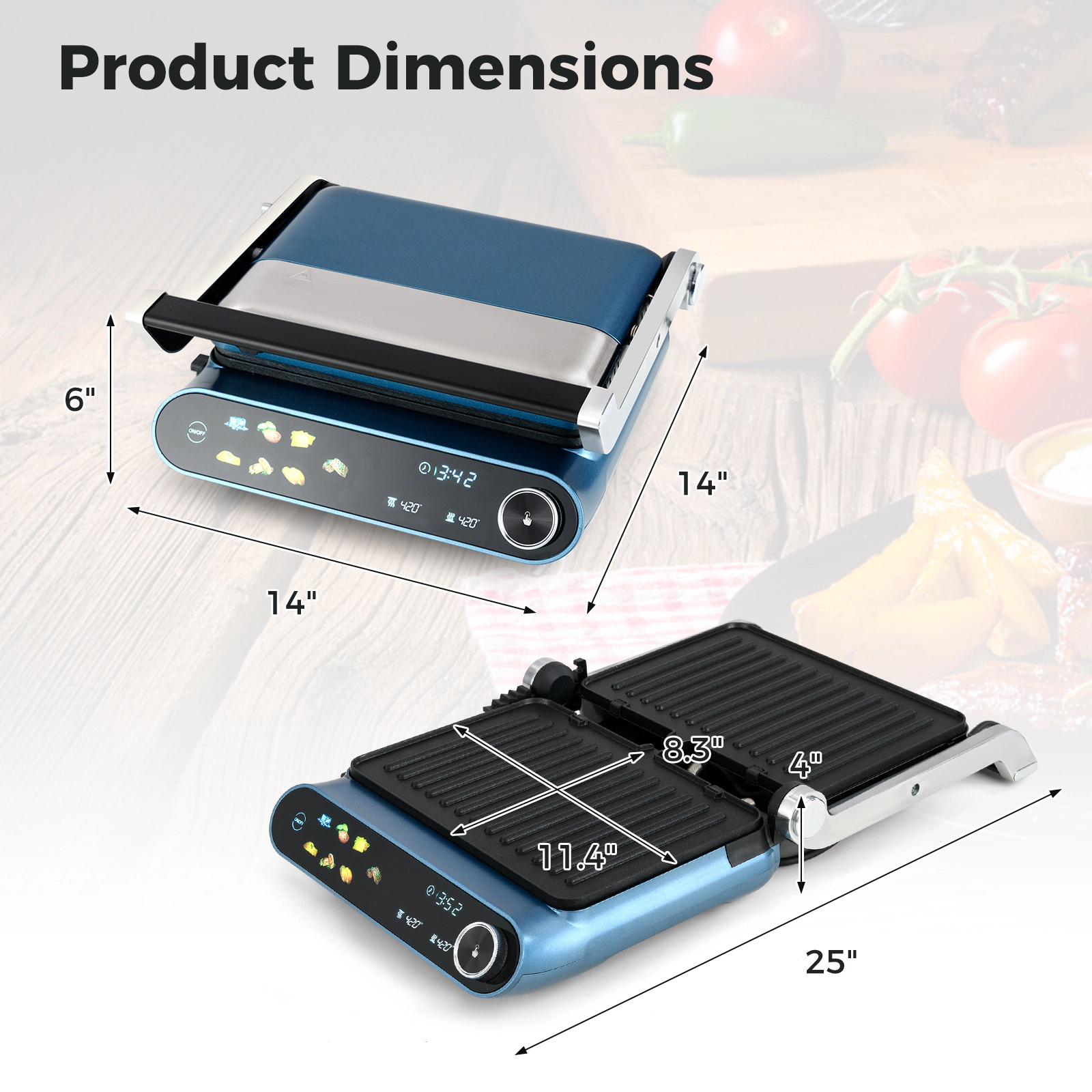 LJG 1200W Panini Press Grill with LED Display and 7 Grilling Modes