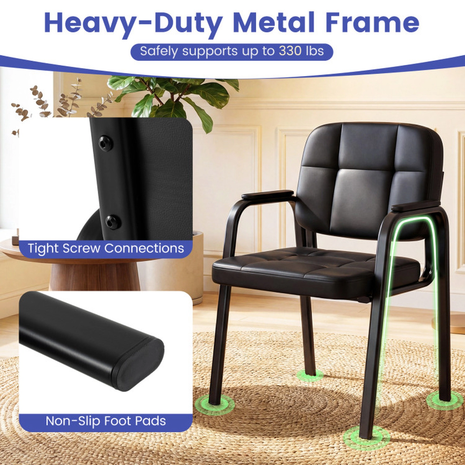 SUGIFT Set of 2 Black 330-lb Capacity PVC Leather Padded Armchairs with Sled Base and Cushioned Seat