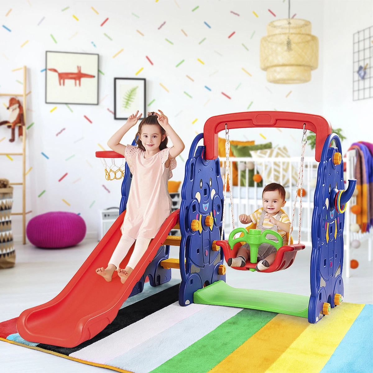 SUGIFT Toddler Multicolor 3-in-1 Slide and Swing Set with Basketball Hoop 59-in W 66-in H 110-lb Slide Capacity