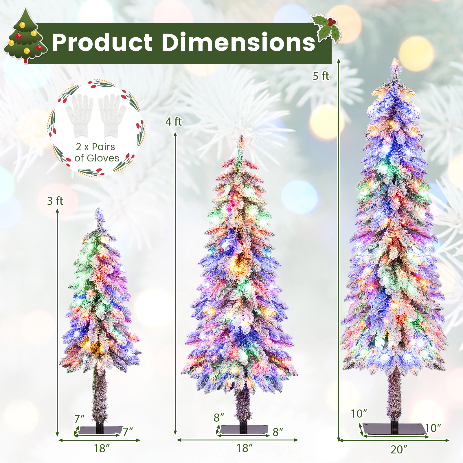 SUGIFT Set of 3 Pre-Lit Snow Flocked Christmas Trees 3 ft 4 ft 5 ft Slim Artificial Xmas Trees