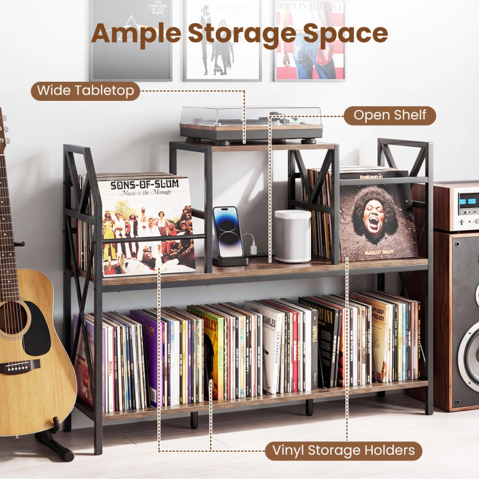 SUGIFT Record Player Stand with Power Outlets and Vinyl Storage 350-lb Capacity Rustic Brown & Black