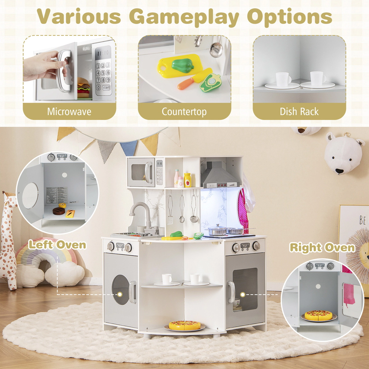 SUGIFT Gray Range Hood Auto Water Circulation and Chef Set Kids Corner Wooden Play Kitchen