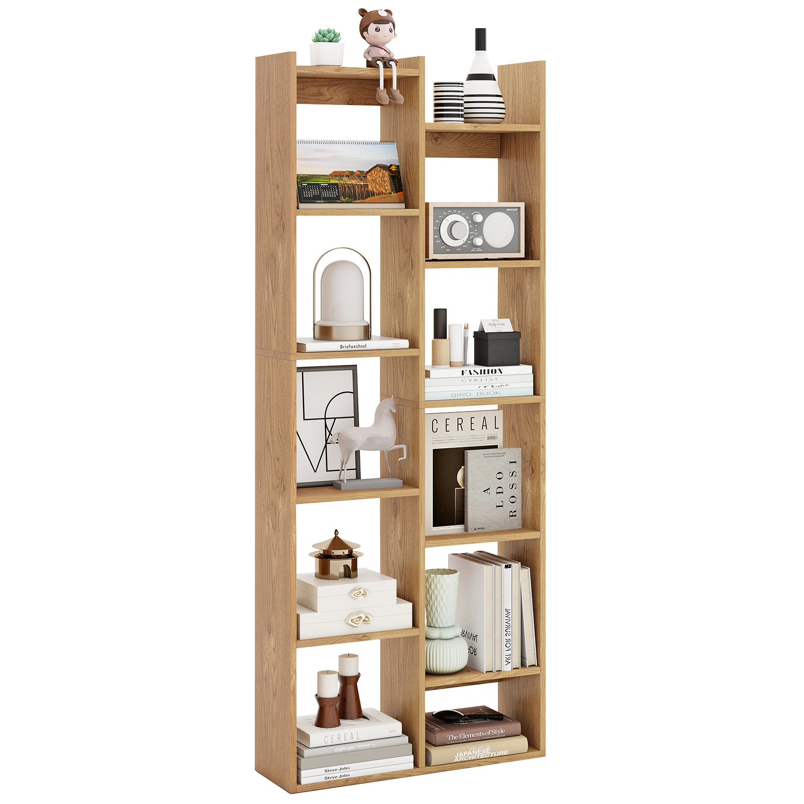 Costway 11-Tier Bookcase w/Anti-Tipping Kits Wood Display Shelf Tree-Shaped Bookshelf White