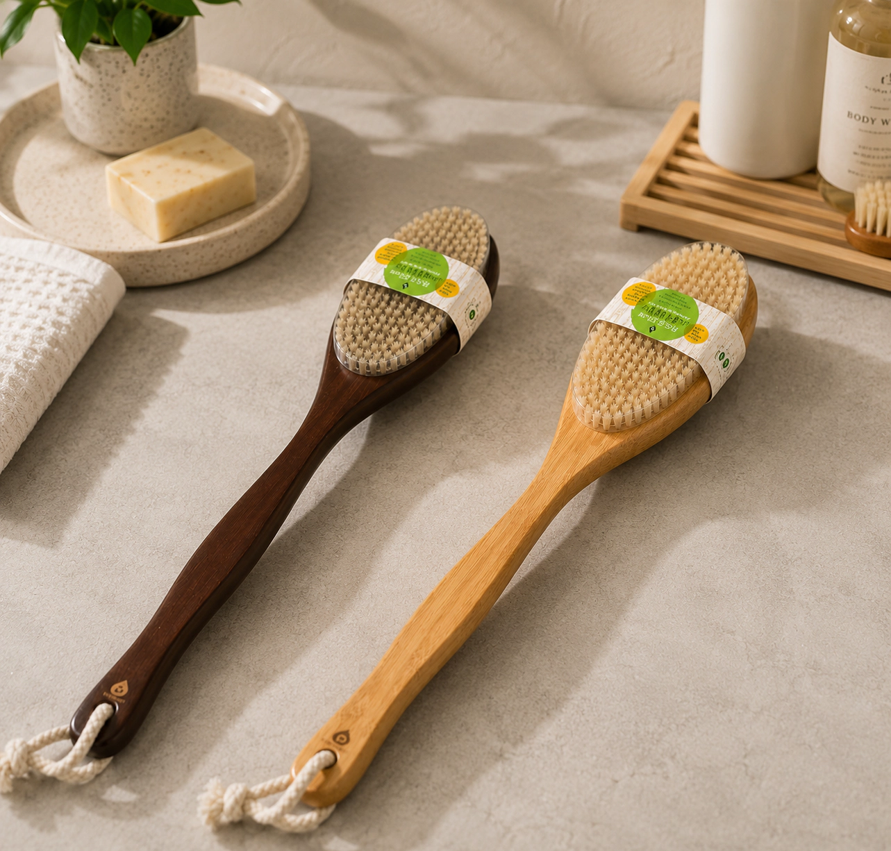 Pursonic Unisex Eco-Friendly Bamboo Bath Body Brush 4-Piece Family Pack with Long Handle