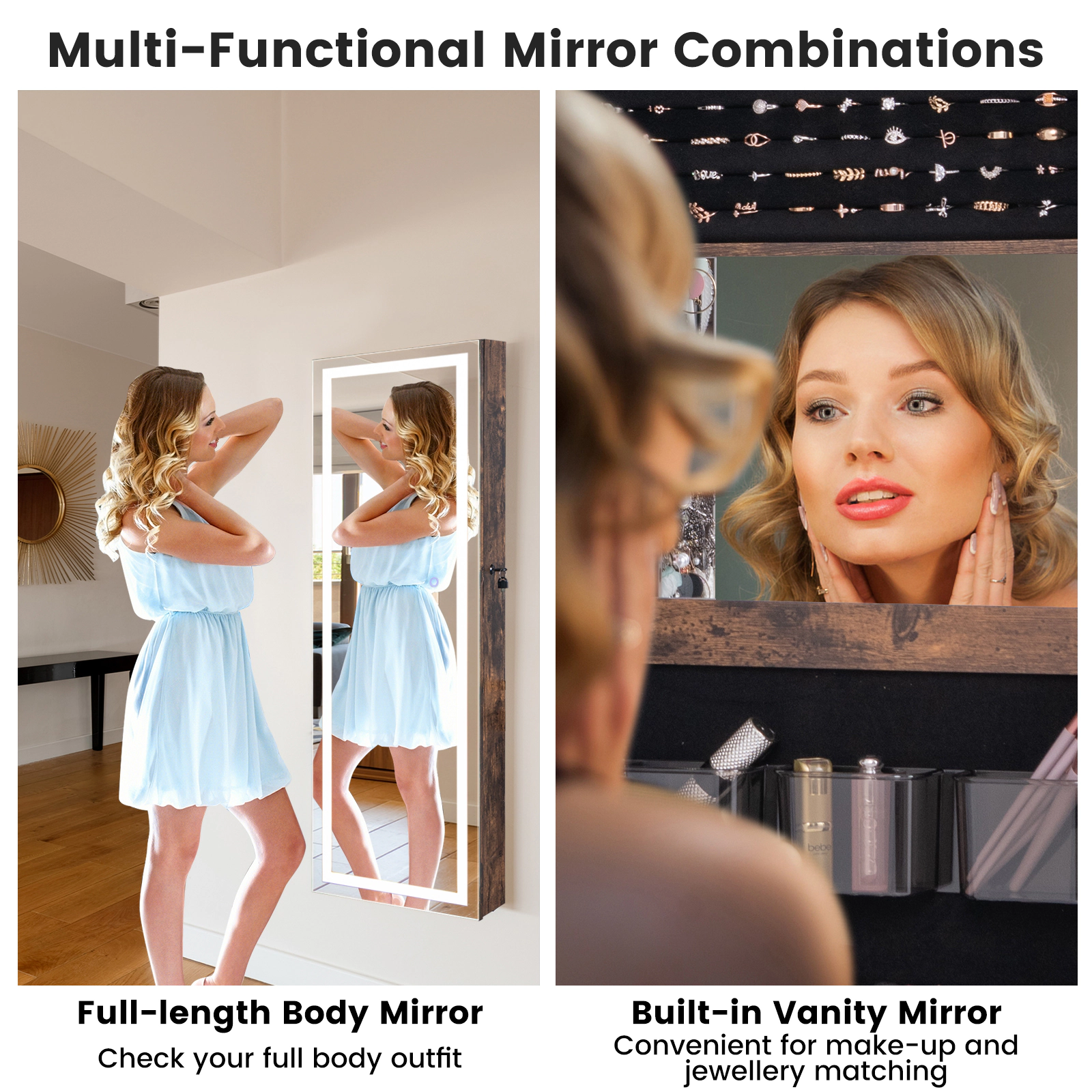Hivvago Mirrored Jewelry Armoire with Full Length Mirror and 2 Internal LED Lights