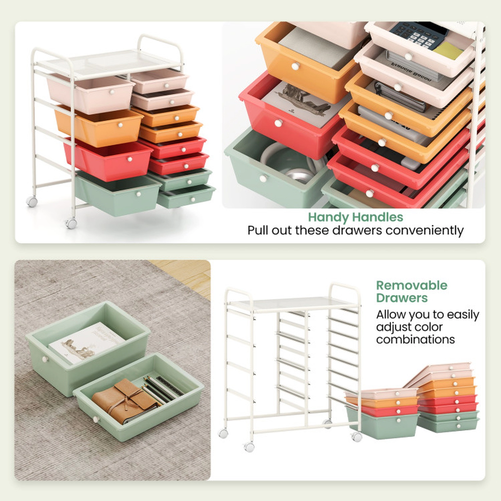 SUGIFT Macaron 12-Drawer Rolling Storage Cart with Removable Drawers Punched Top and Swivel Casters