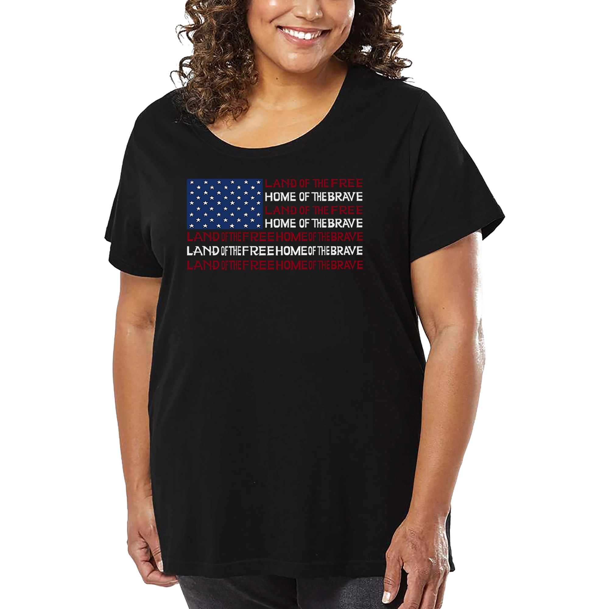 LA Pop Art Women's Plus Word T-Shirt - Land of the Free American Flag