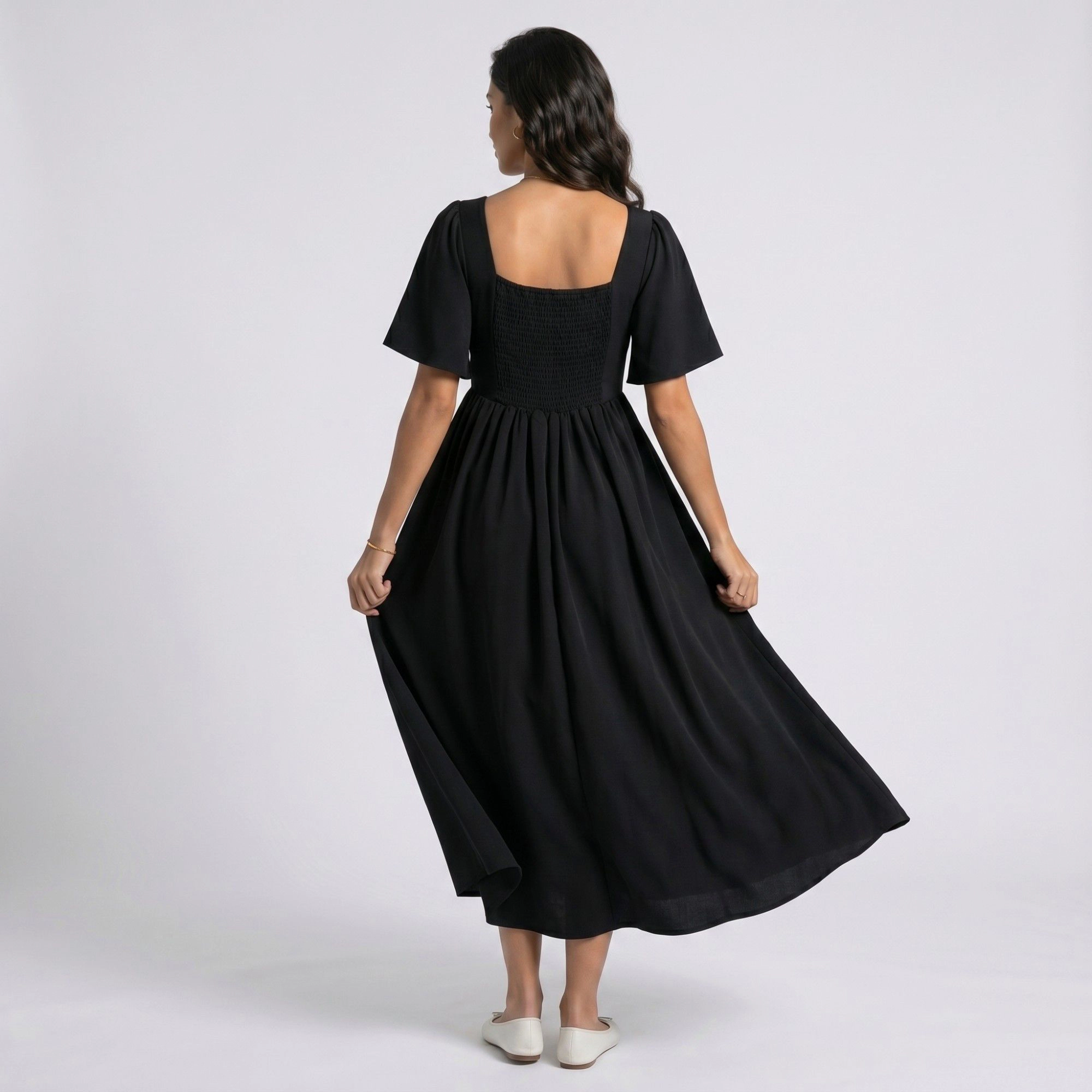 Anna-Kaci Women's Maternity V Neck Flutter Sleeve Smocked Empire Waist Midi Dress