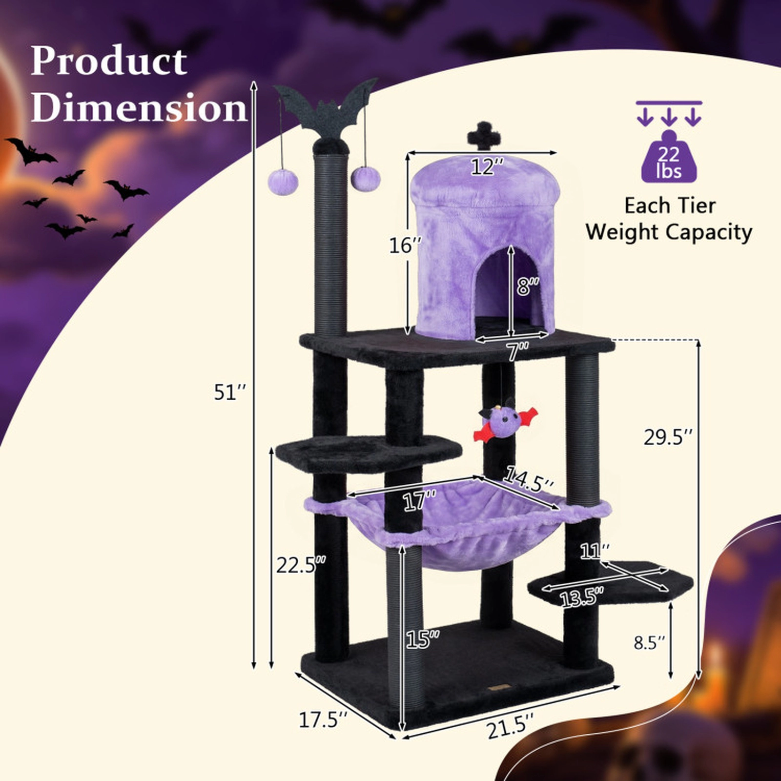 SUGIFT 51-in Gothic Multi-level Cat Tree with Castle Condo Hammock and Spider Toy 22-lb Capacity Purple & Black