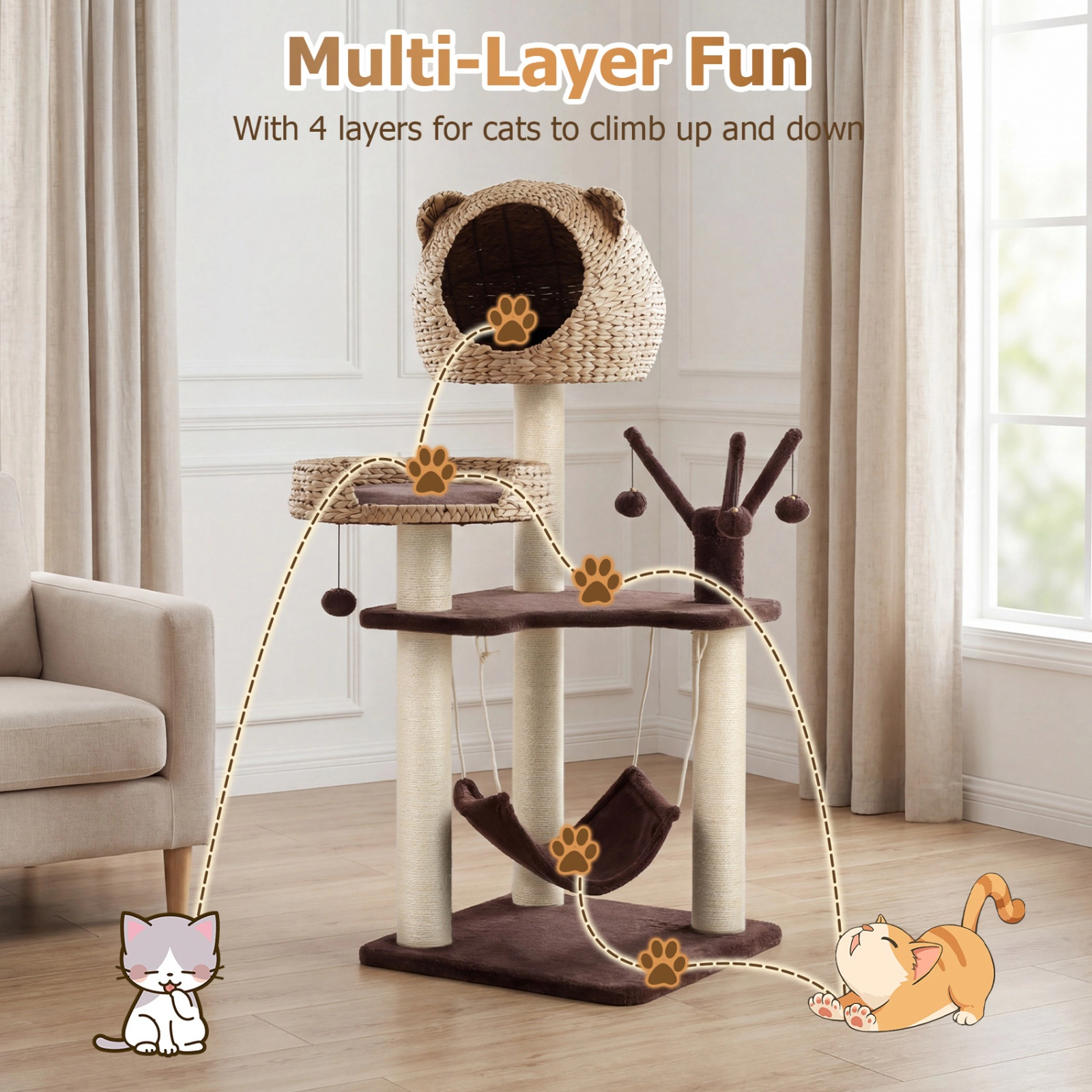 SUGIFT 48 Cat Tree with Woven Condo Hammock and Rotatable Hanging Balls
