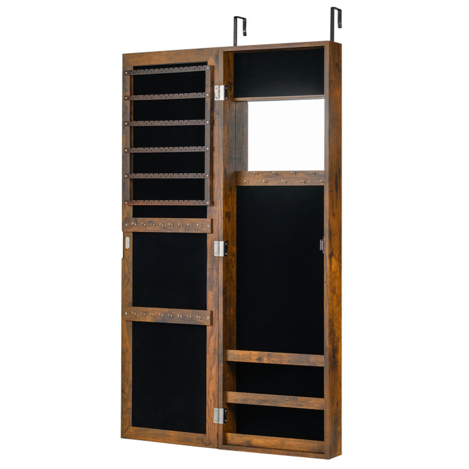 SUGIFT Over Door Mount Full-Length Mirror Jewelry Cabinet Armoire 12.5-in x 3.7-in x 43.5-in 25 Hooks Rustic Brown