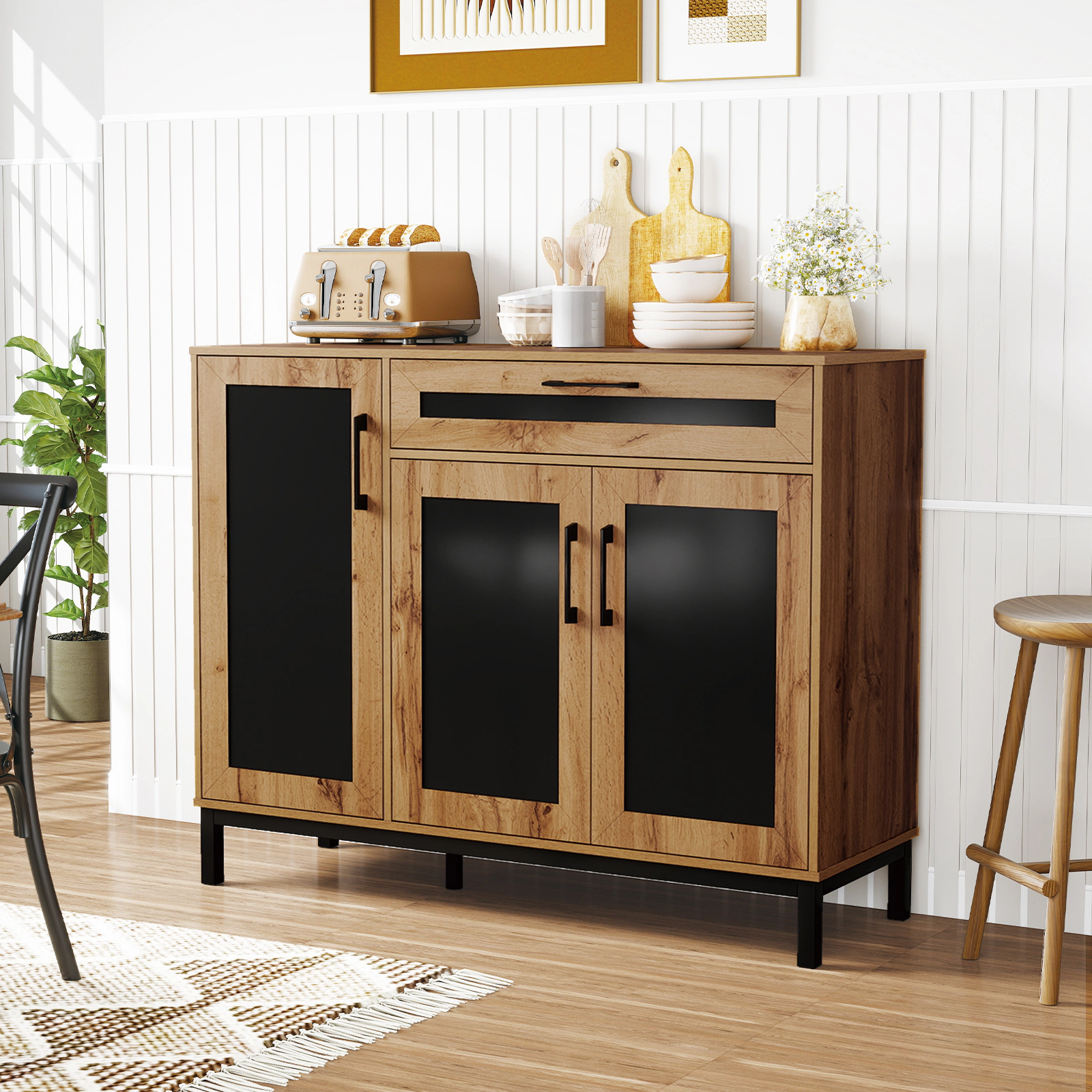 Glintex 48-Inch Sideboard with 28-Inch Drawer and Extra Middle Leg, Natural + Black