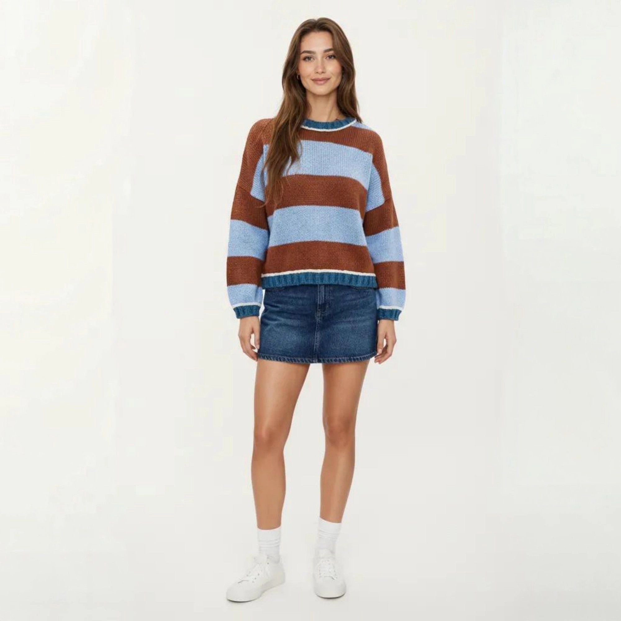 Anna-Kaci Women's Striped Knit Sweater with Color Block Design, Ribbed Trim and Relaxed Drop Shoulder Fit