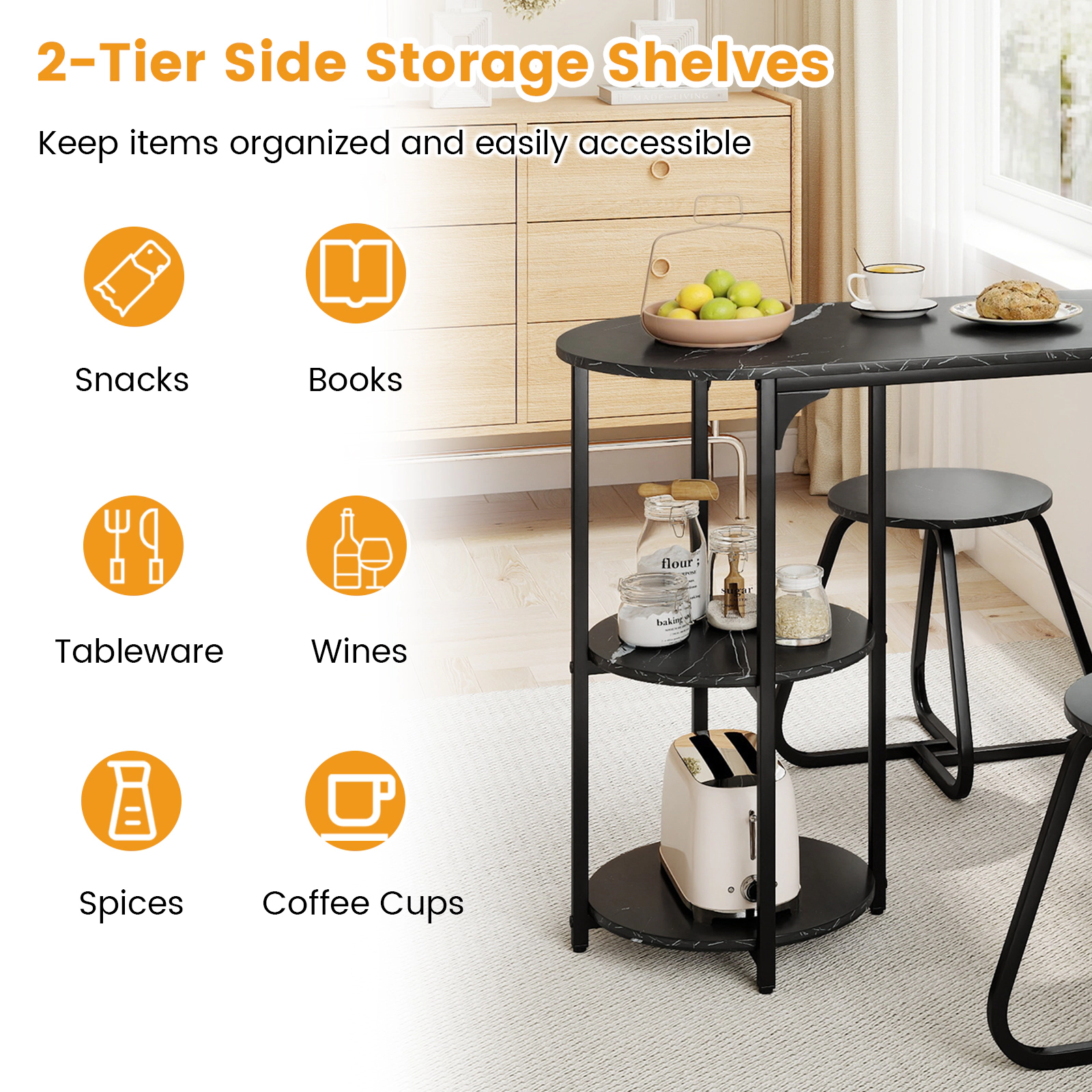 SUGIFT 3-Piece Industrial Dining Table Set Side Shelves 88-lb Table 330-lb Stools 43.5-in Table Rustic Brown & Black