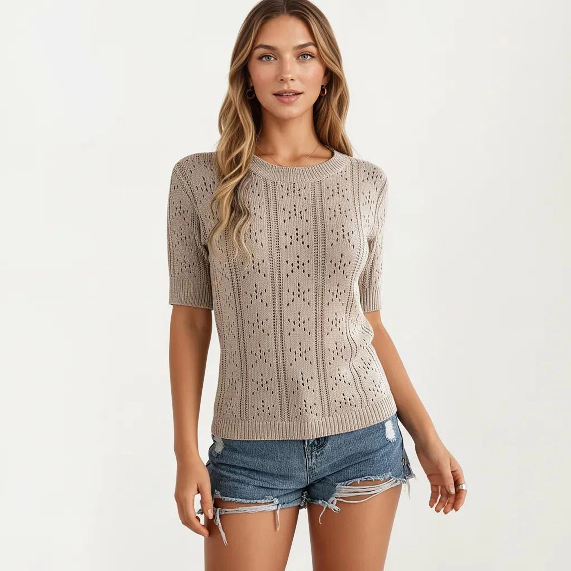 Anna-Kaci Women's Short Sleeve Open Knit Pullover Sweater Top with Crew Neck and Relaxed Fit