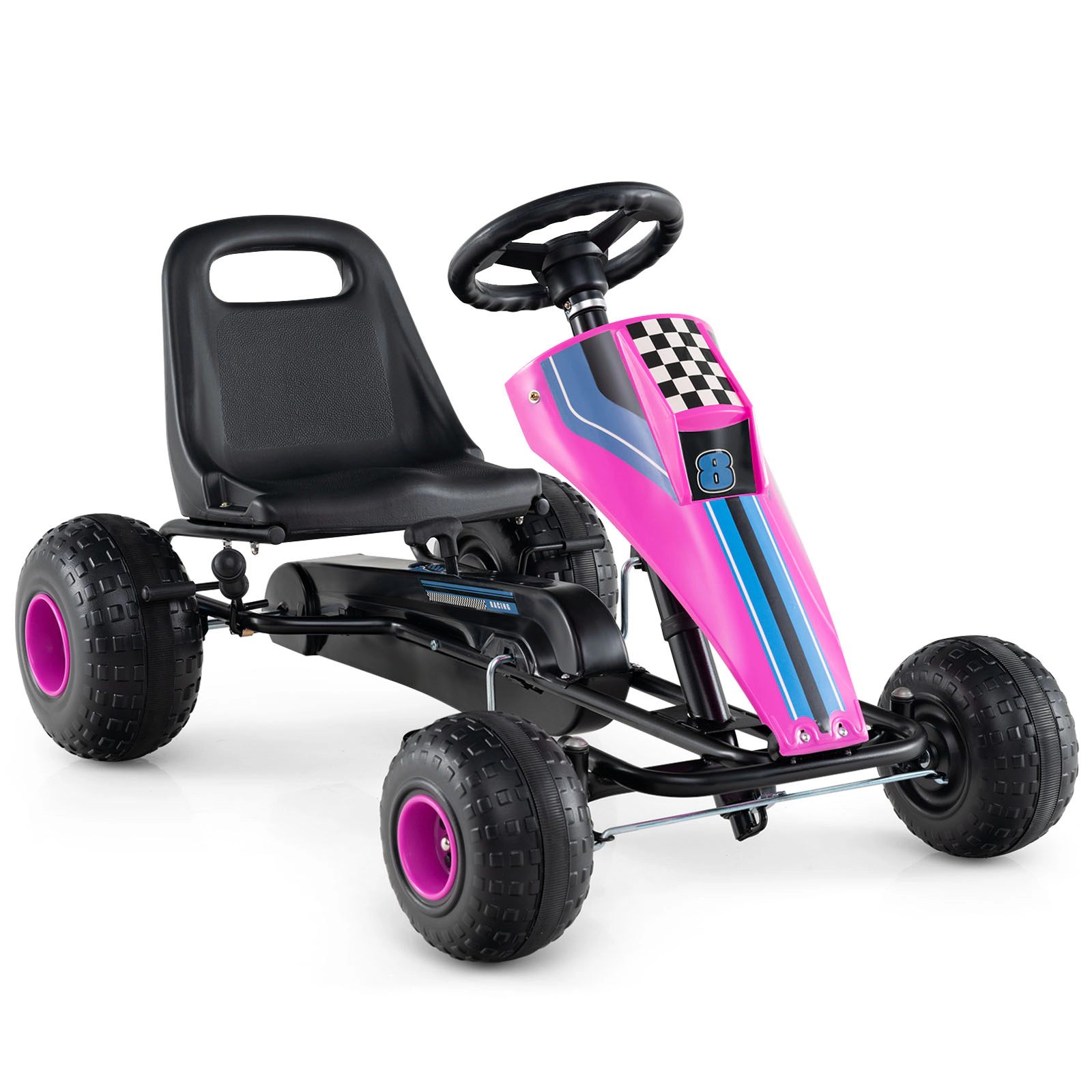 SUGIFT 4-Wheel Ride On Toy Pedal Go Kart with Steering Wheel and Safe Handbrake 77-lb Capacity Ages 3+ Pink/White