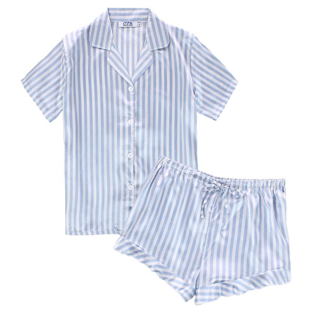CTM Women's Striped Satin Short Sleeve Pajama Set