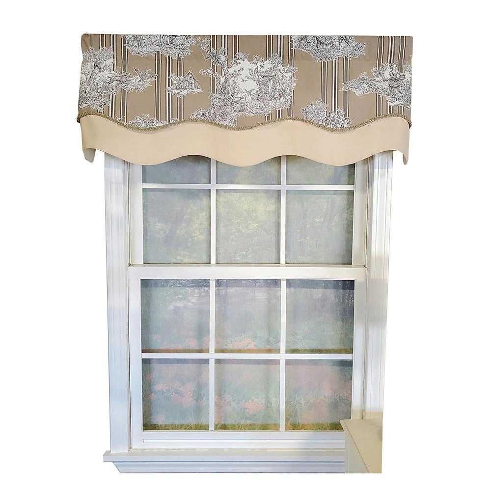 RLF Home French Tableau Classic Toile Stripe and Solid Fabric Gimp Trim Ivory Lining  Glory Valance 50" X 16" Camel