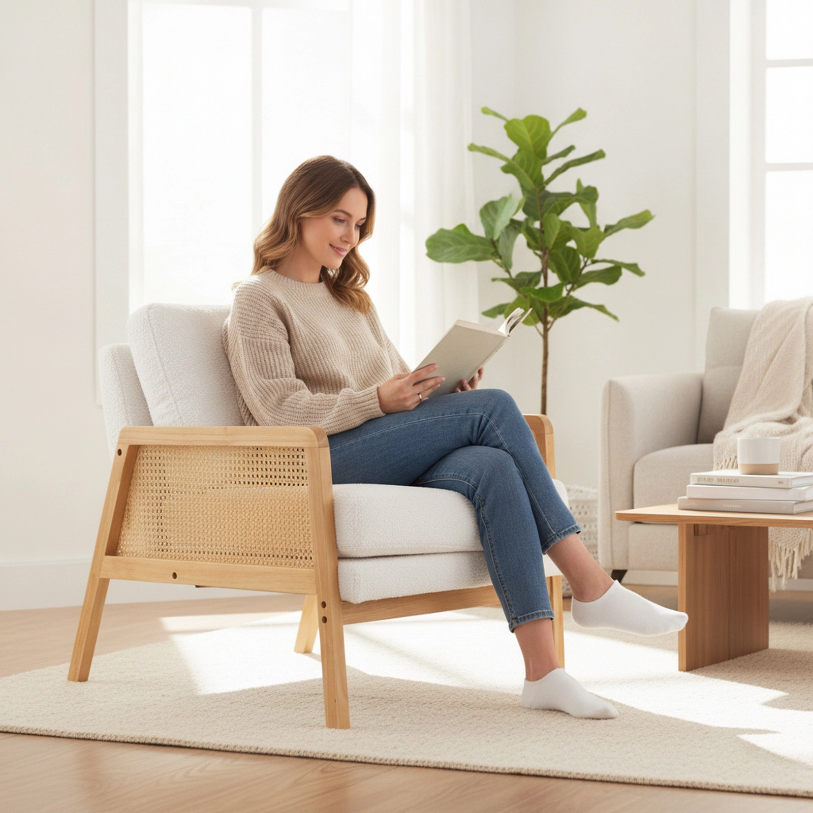 SUGIFT Mid-Century Modern Accent Chair, PE Rattan Arms, Sherpa Upholstery, Natural