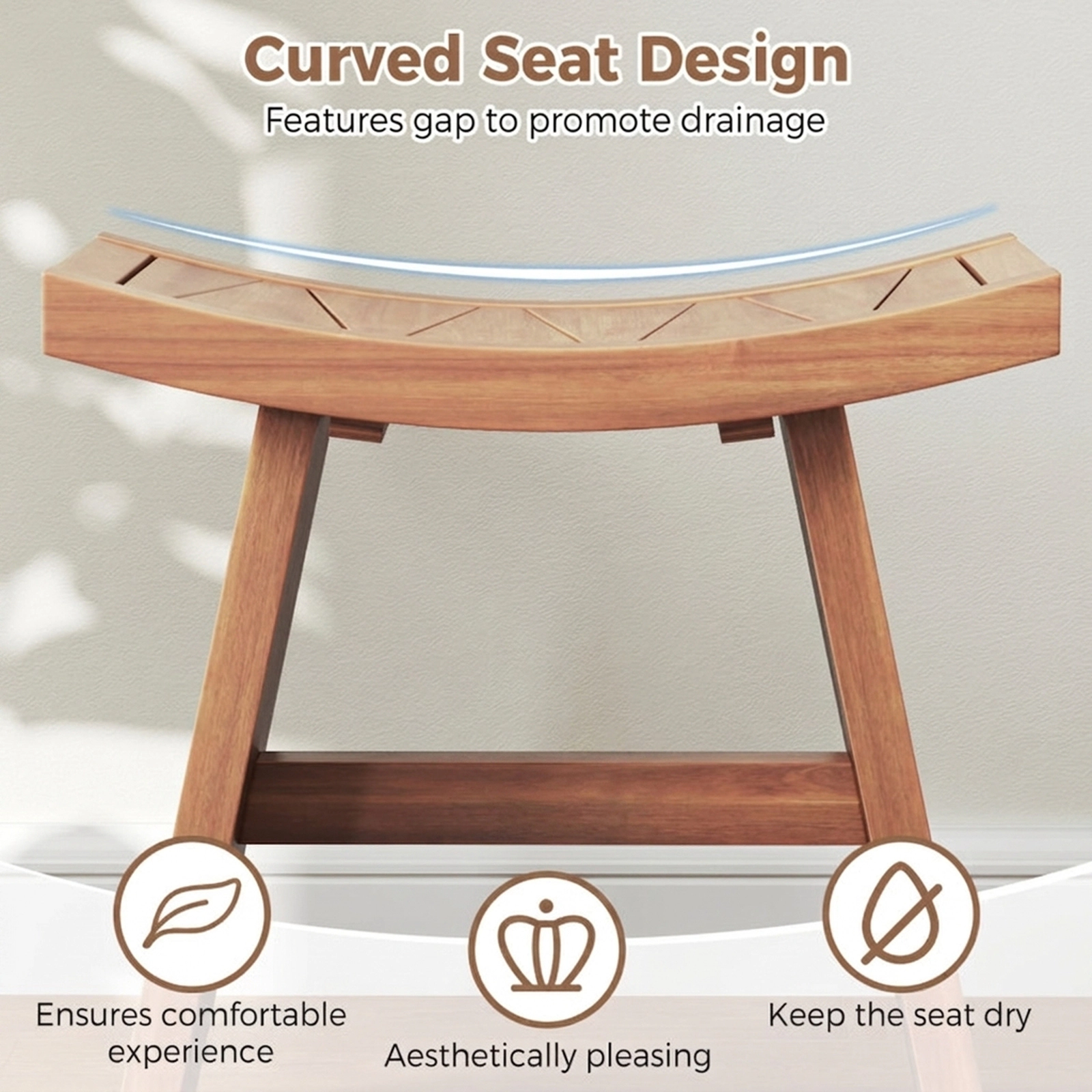 SUGIFT 18-Inch Teak Wood Shower Bench, Curved Seat, 350-Lb Capacity