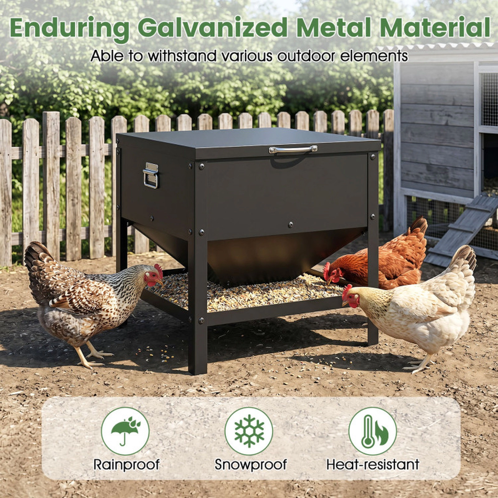 SUGIFT Large Capacity Galvanized Metal Chicken Feeding Box Pet Food Container with Openable Lid 19-in Tall Black