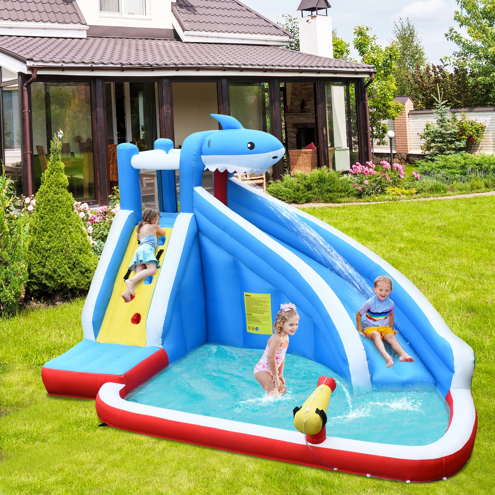 SUGIFT 4-in-1 Inflatable Bounce House Water Slide Park with Climbing Wall and Pool 265-lb Capacity Ages 4-12 Multicolor