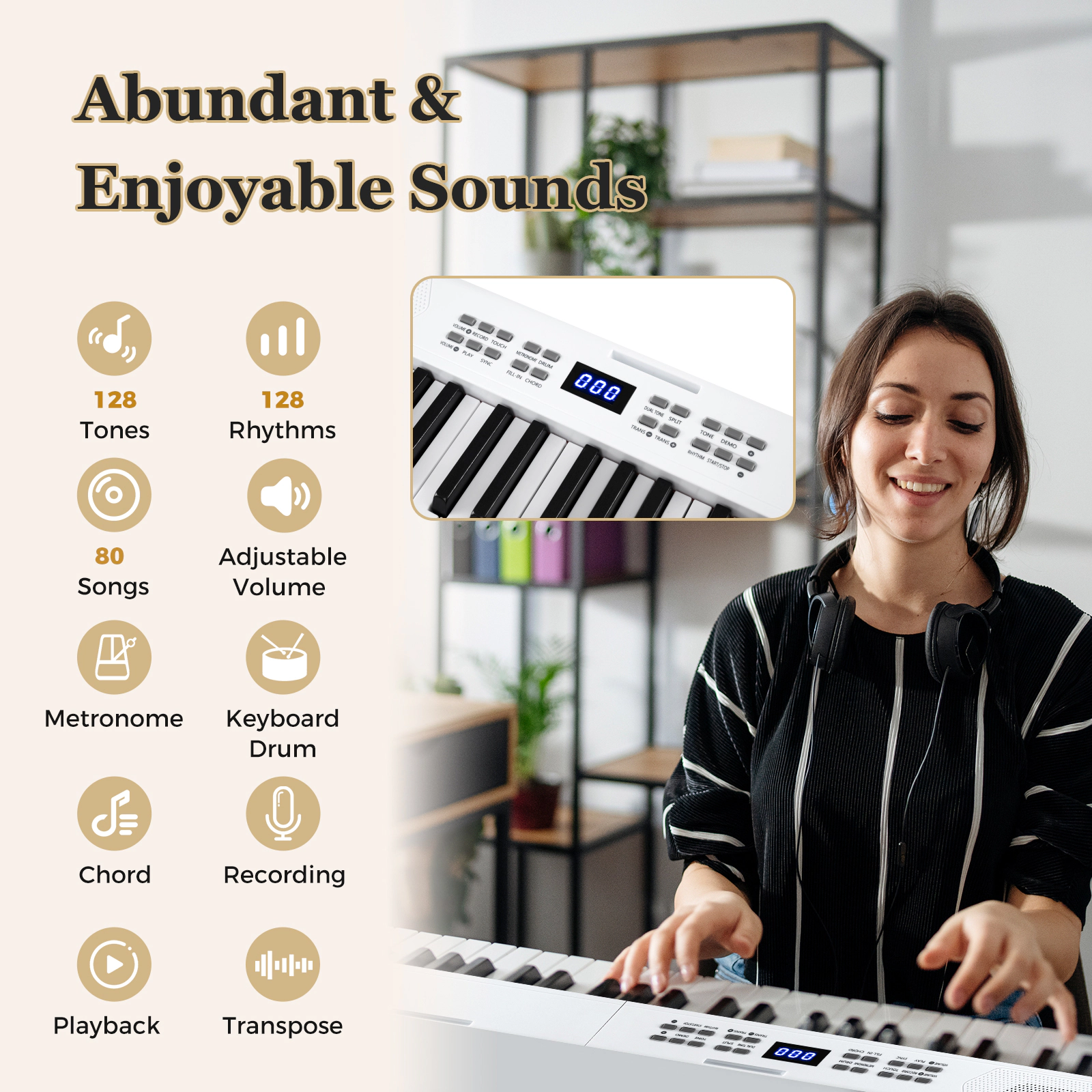 SUGIFT White 61-Key Foldable Piano Keyboard with Split Mode and Touch Response 37-in W 8.5-in D 2.5-in H