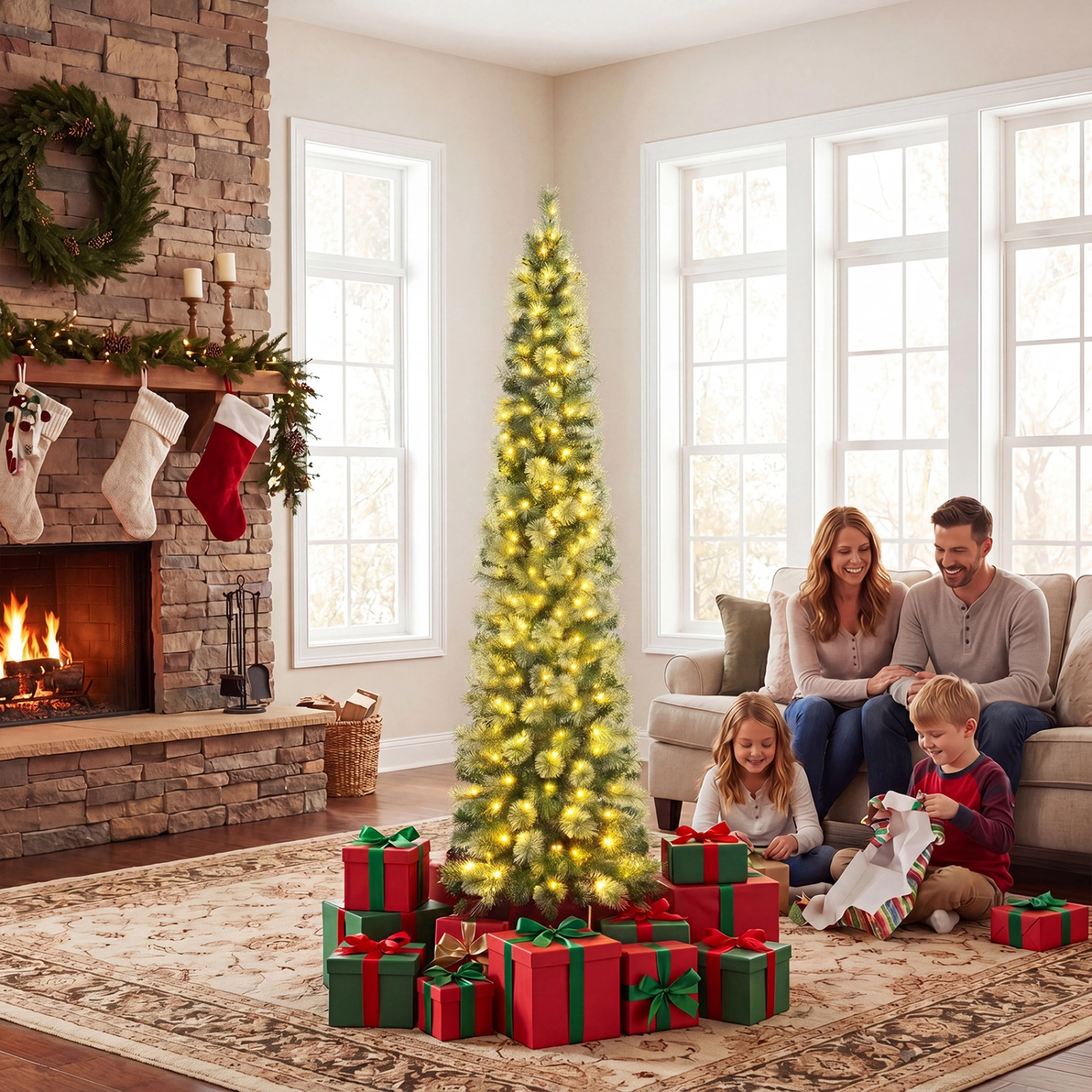 SUGIFT Pre-Lit Pencil Artificial Christmas Tree 6/7/8-ft with 120/150/200 LED Warm White Lights and 8 Modes Green