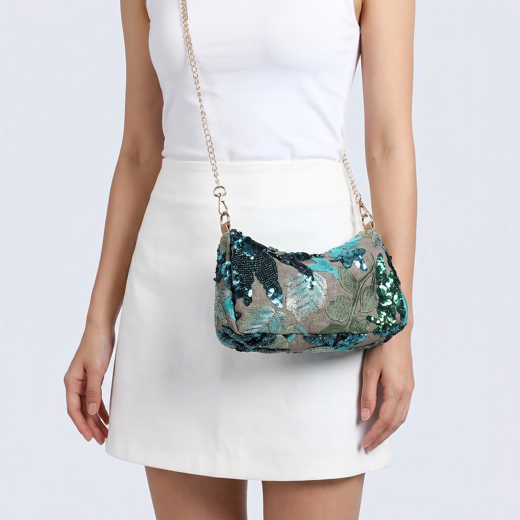 Alilang Women's Floral Embroidered Sequin Shoulder Bag with Chain Strap Curved Silhouette