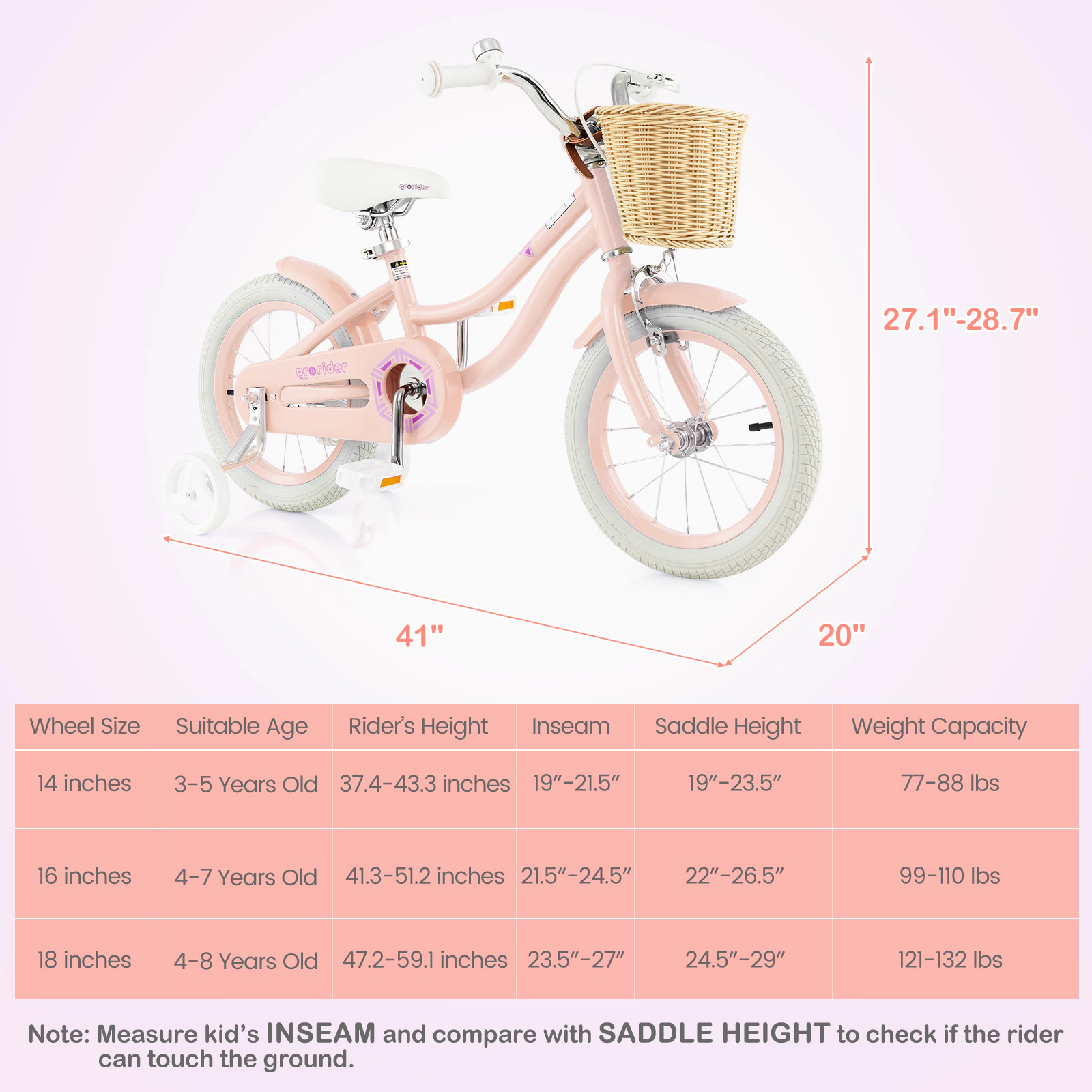 14-in Kids Bicycle Training Wheels Front Basket Adjustable Handlebar 85% Pre-Assembled Carbon Steel Bike Ages 3-5 Pink