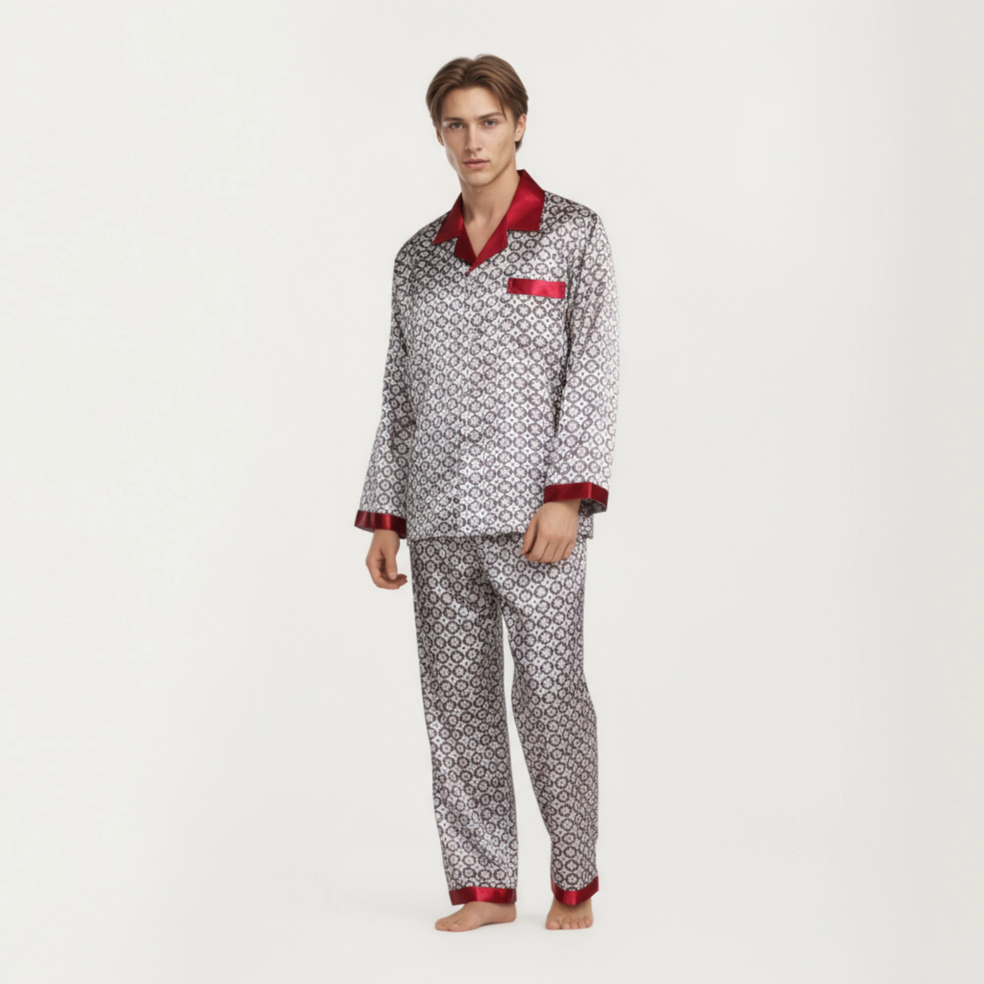 Anna-Kaci Men's 2-Piece Satin Pajamas with Geometric Print Contrast Collar and Button Up Top