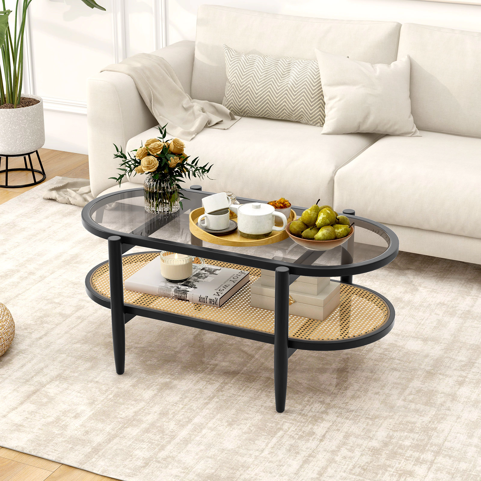 SUGIFT 2-Tier Acacia Wood Coffee Table with Tempered Glass Tabletop 176-lb Tabletop Capacity Brown/Black