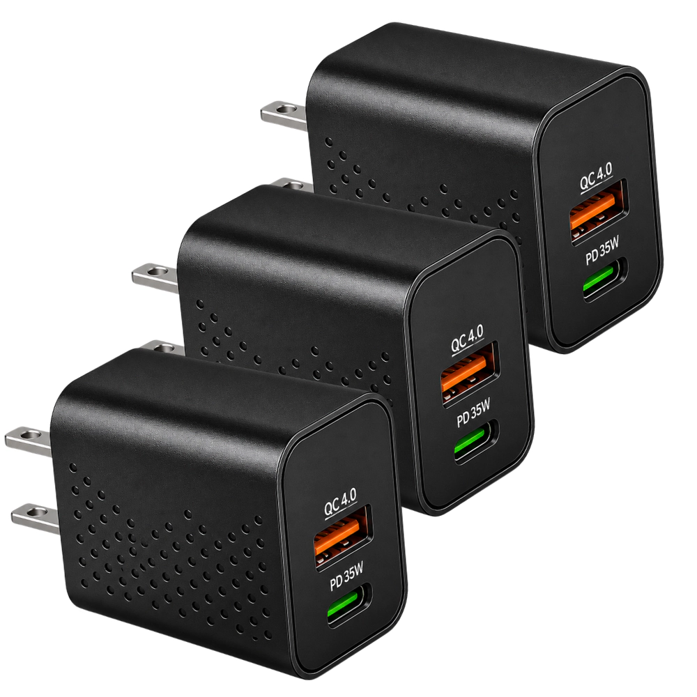 Qixxronics USB-C USB-A Port Super Fast Charger Block 35W for iPhone, Apple Watch, iPad, Samsung Galaxy, Google & More [3-Pack]