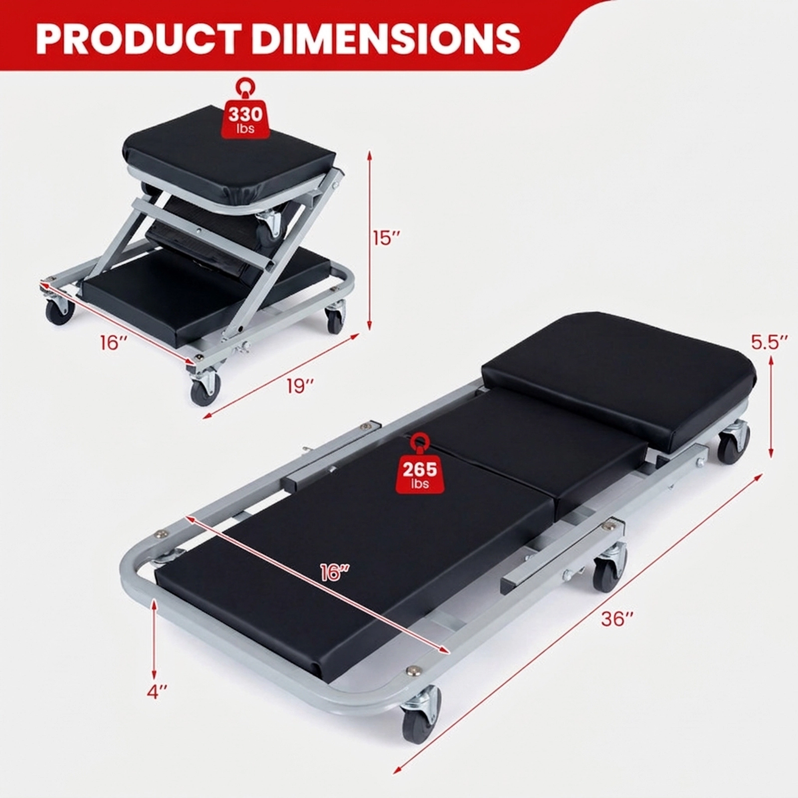 SUGIFT 2-in-1 Locking Pin Z-Seat Layered Padding Mechanic Creeper 36-in x 16-in x 5.5-in 265-lb Seat Capacity Black