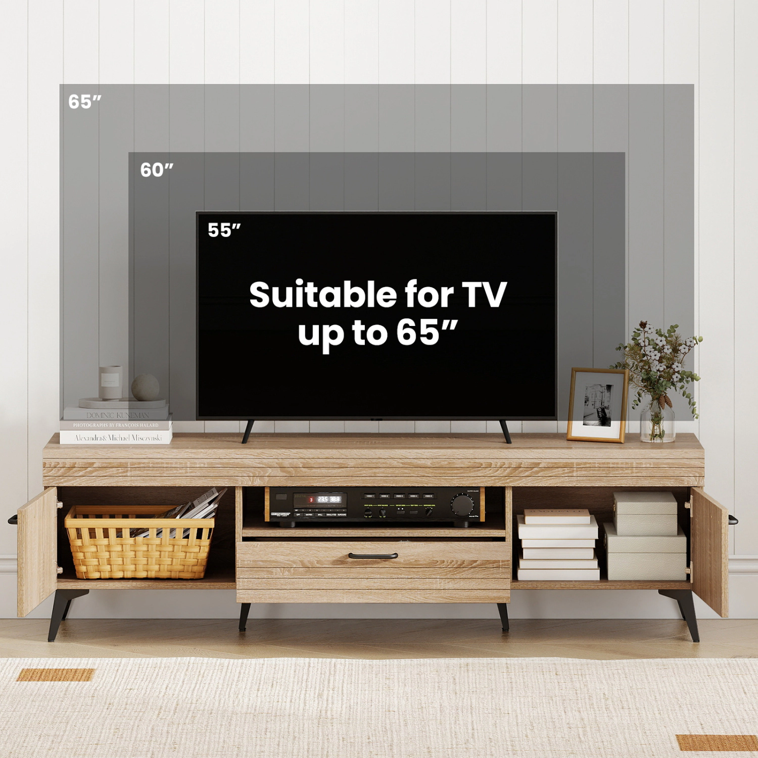 Glintex 59-Inch Carved TV Stand with 2 Cabinets and Storage Drawer, Oak
