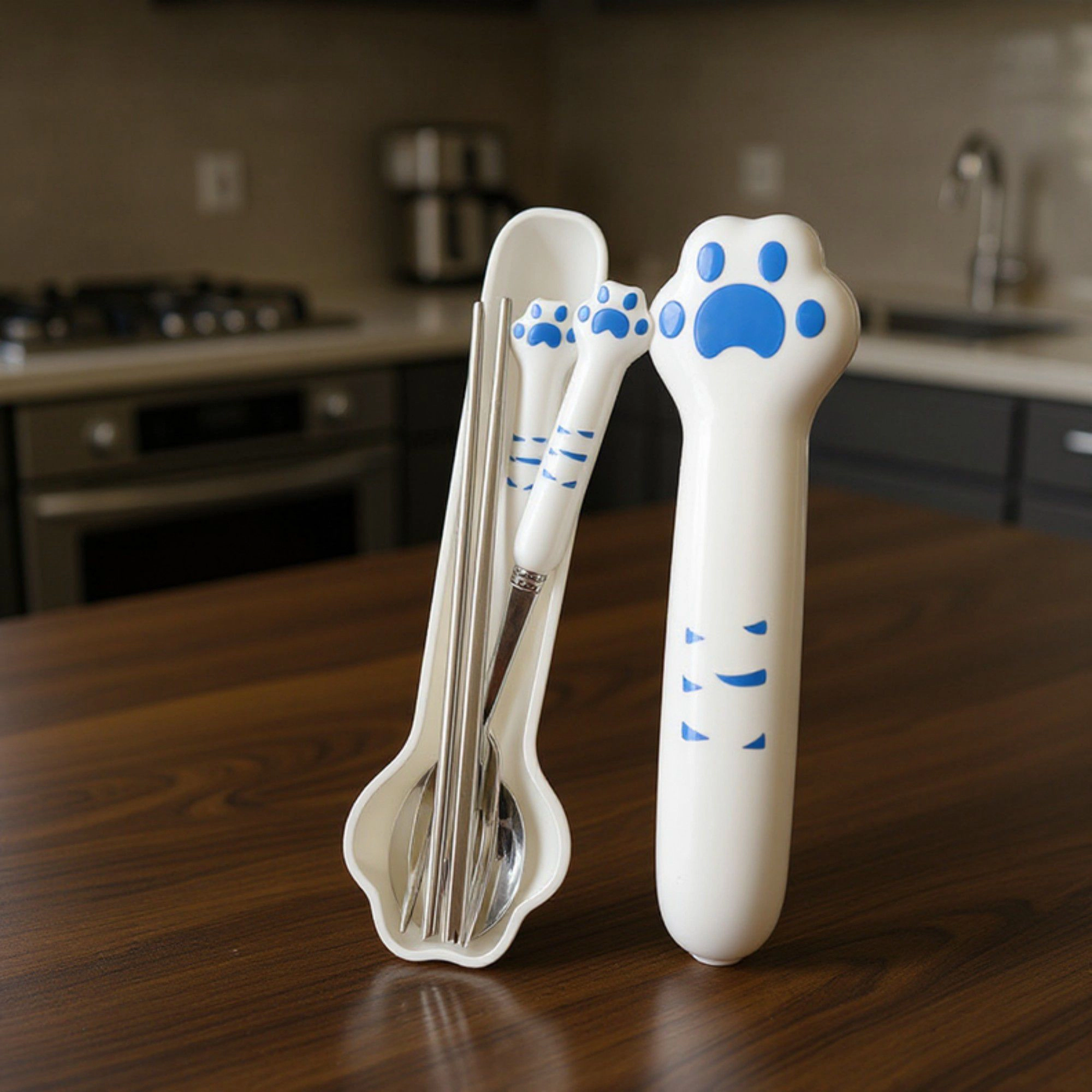 Alilang Paw Handle Stainless Steel Flatware Set with Spoon Fork Chopsticks and Storage Case