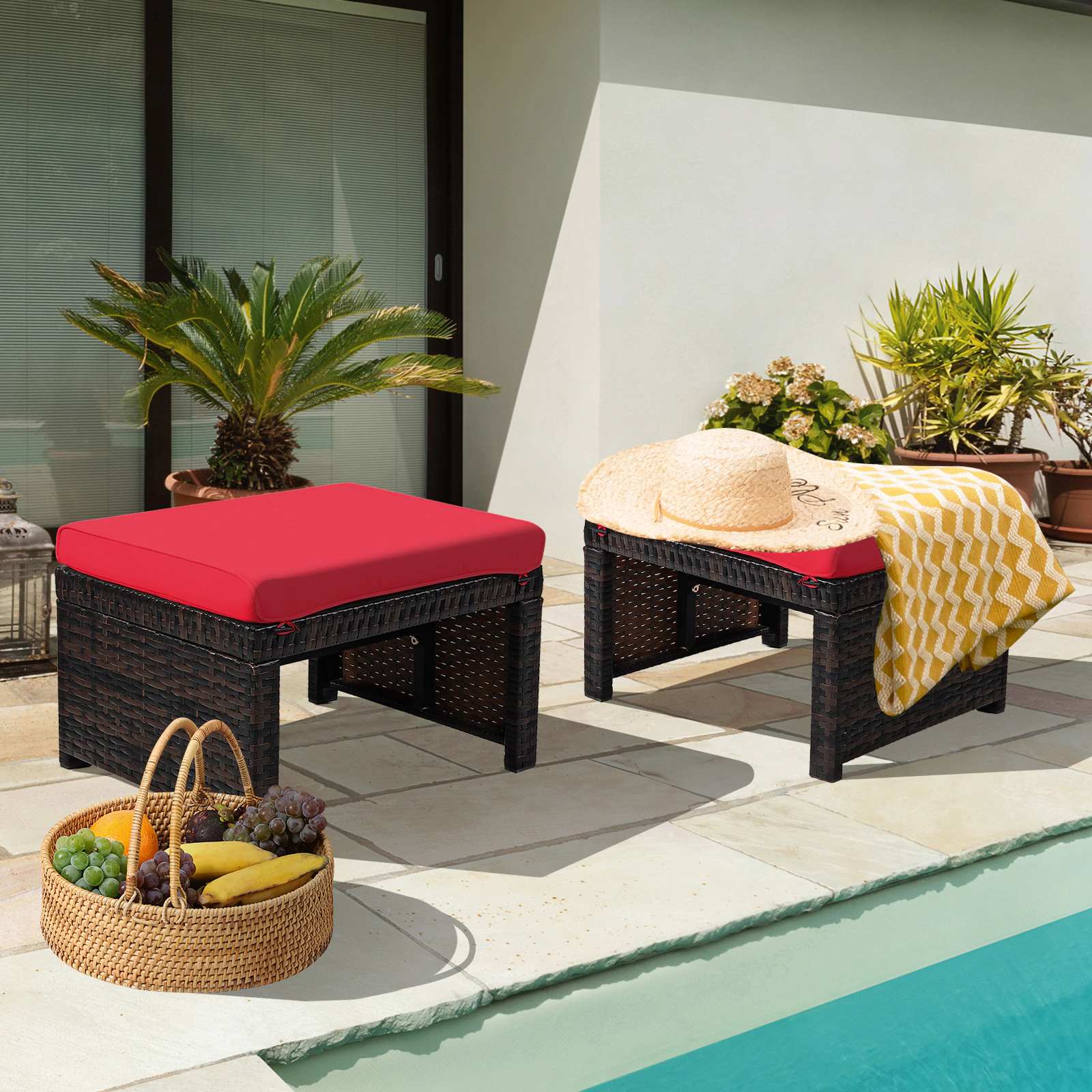 LJG 2 Pieces Patio Rattan Ottomans with Soft Cushion for Patio and Garden