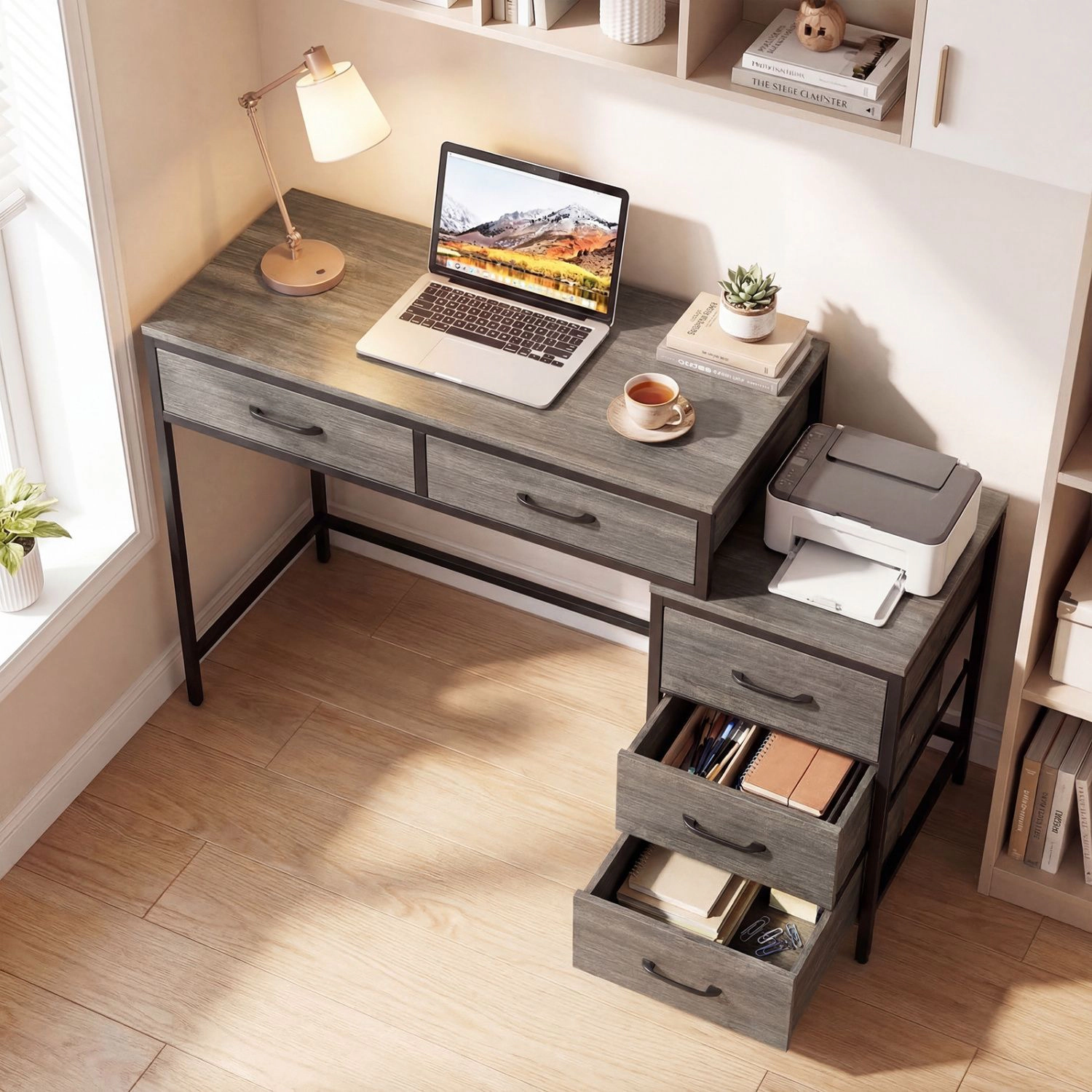SlickBlue Computer Desk with 5 Drawers and Printer Stand