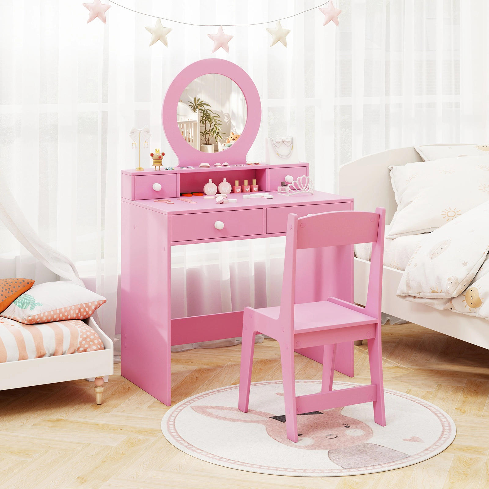 SUGIFT Kids Vanity Table and Chair Set with Acrylic Mirror 110-lb Tabletop and 165-lb Chair Capacity Ages 3+ Pink/White