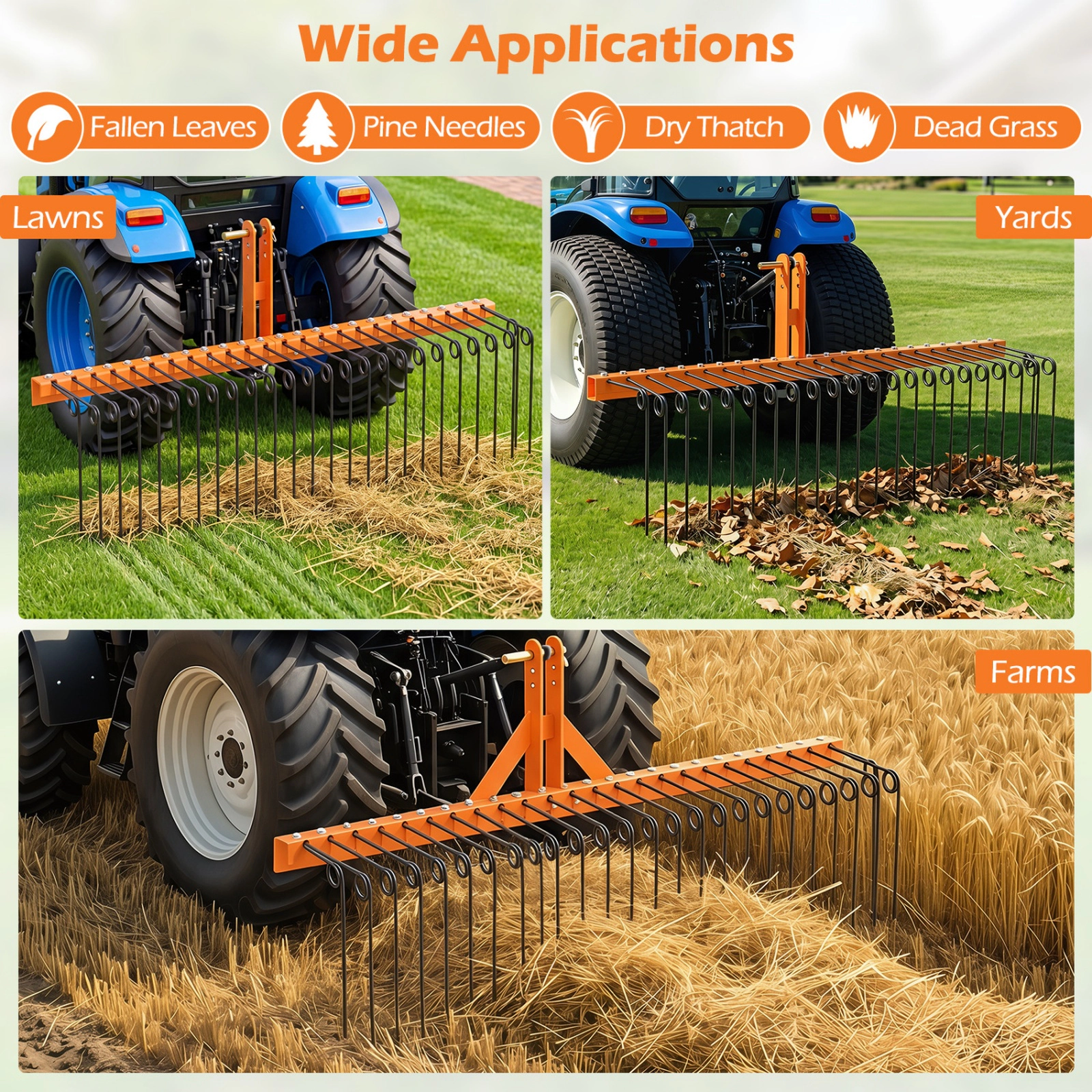 SUGIFT 60-in Pine Straw Rake Tow-Behind Garden Cart Attachment with 26 Metal Coil Tines 73-lb Metal Frame Black & Orange
