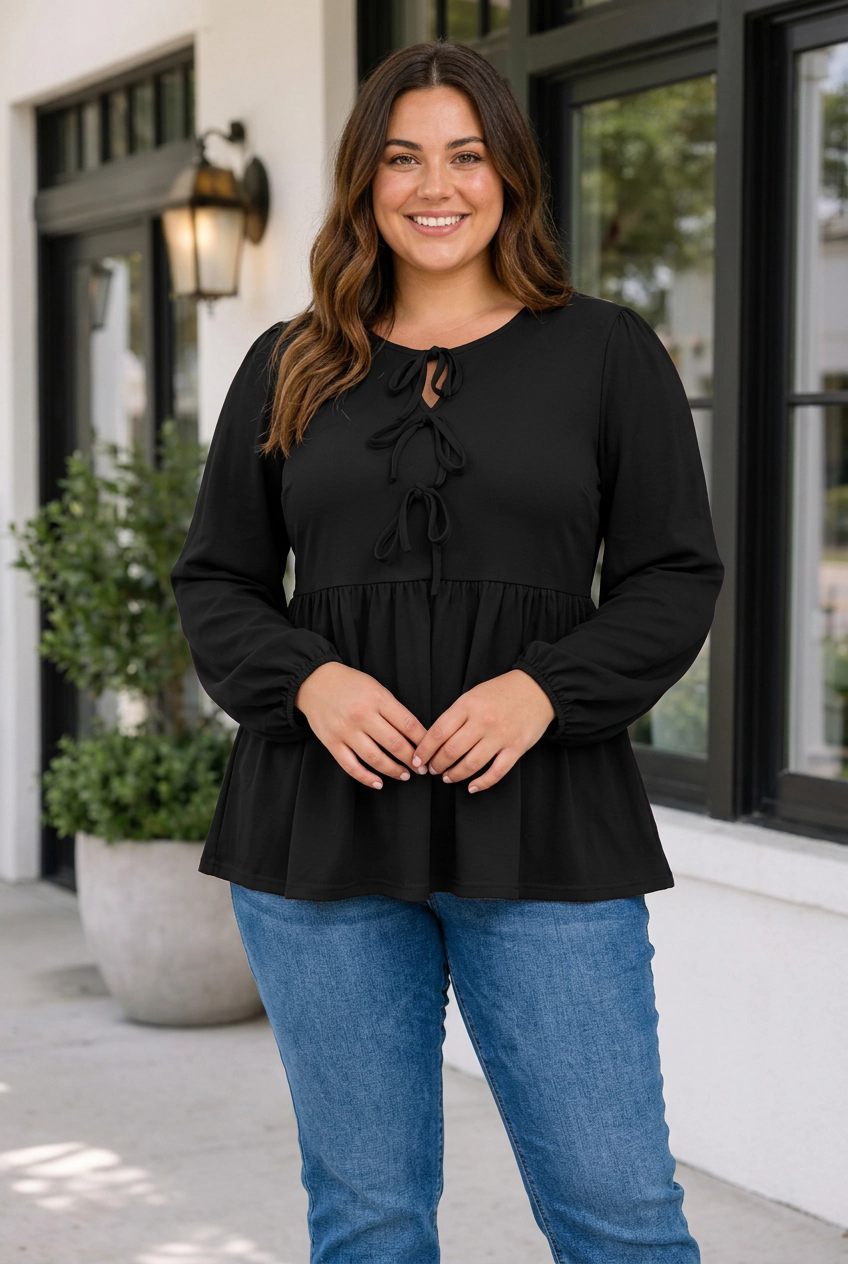 Threaded Pear Meilani Sleeve Peplum Blouse Long PLUS Top