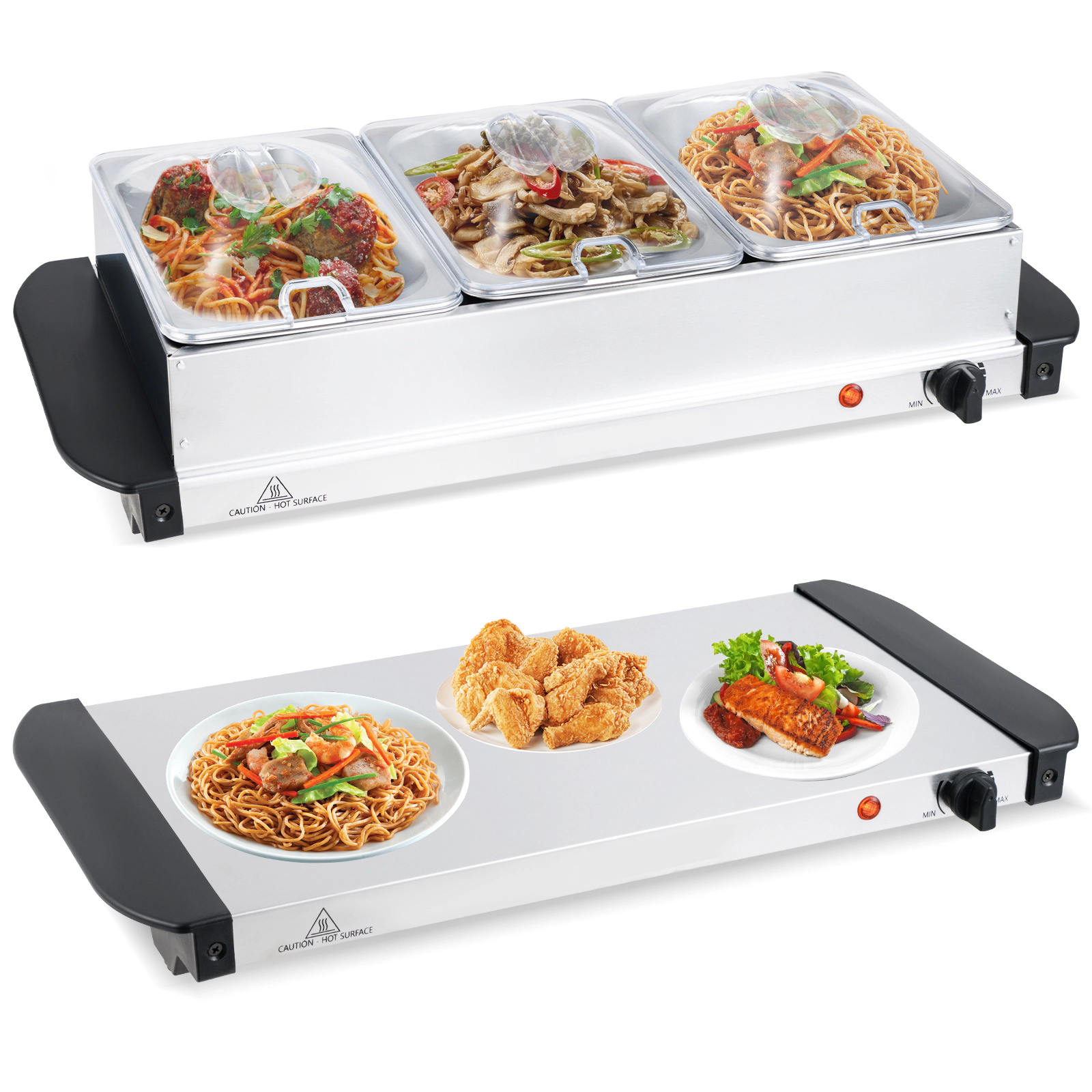 SUGIFT Electric Buffet Server Food Warmer 3 Removable Trays 104-176 F Thermostat 21 x 10 x 6-in Silver and Black