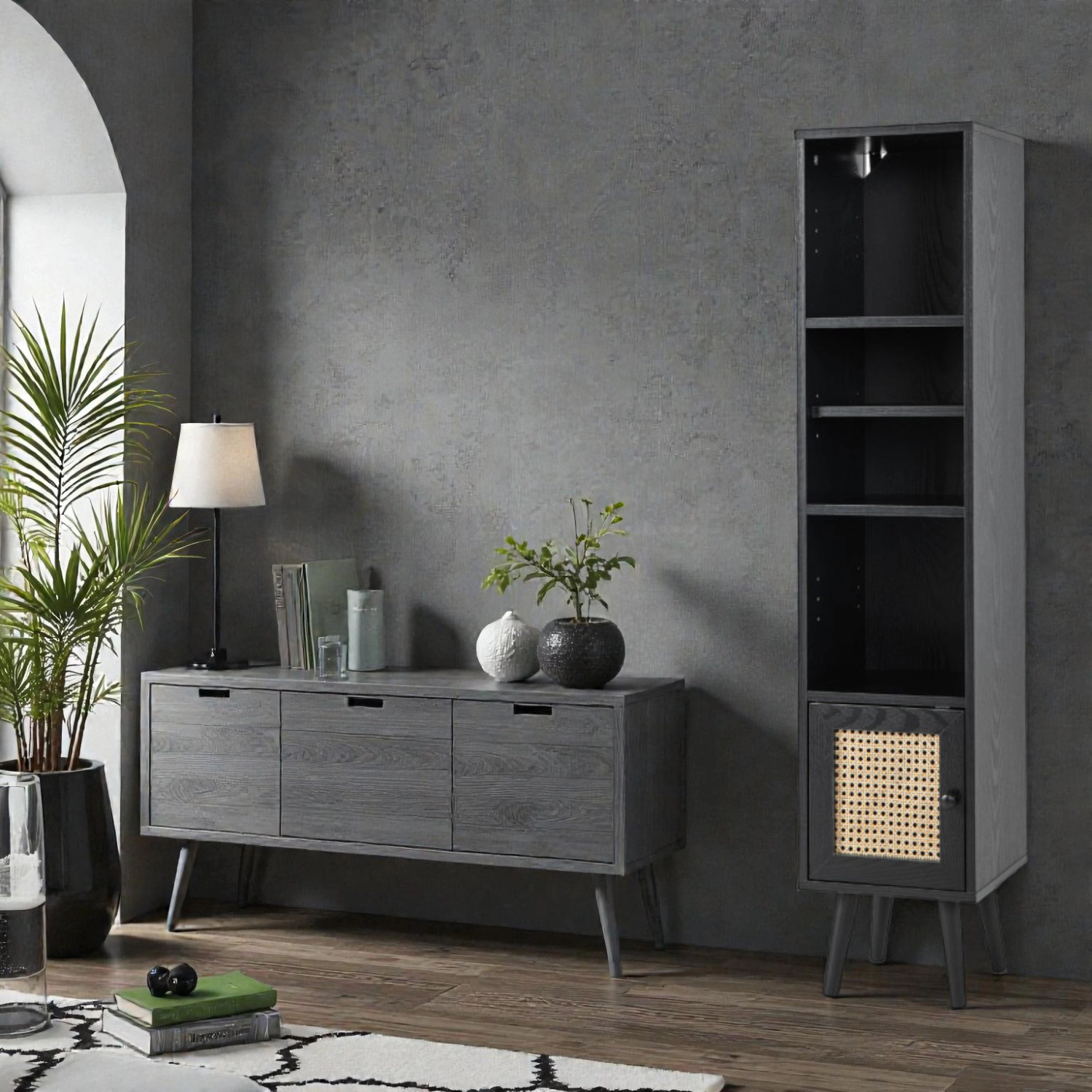 Hivvago Modern Slimline Storage Unit with 4 Rattan Front Compartments