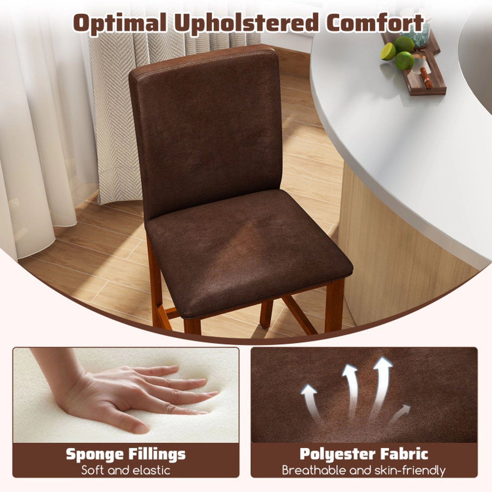 SUGIFT Soft Upholstered Counter Barstools with Rubberwood Legs 330-lb Capacity 26-in Seat Height Walnut + Brown Set of 2