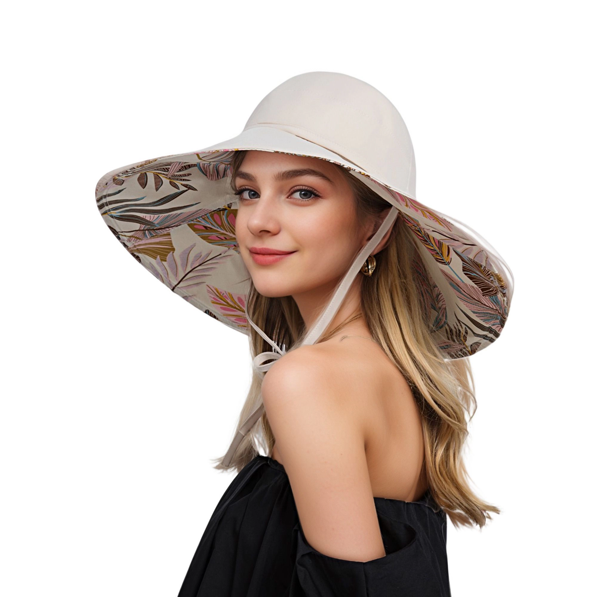 Anna-Kaci Women's Wide Brim Sun Hat with Ponytail Hole Neck Tie Closure and Patterned Lining