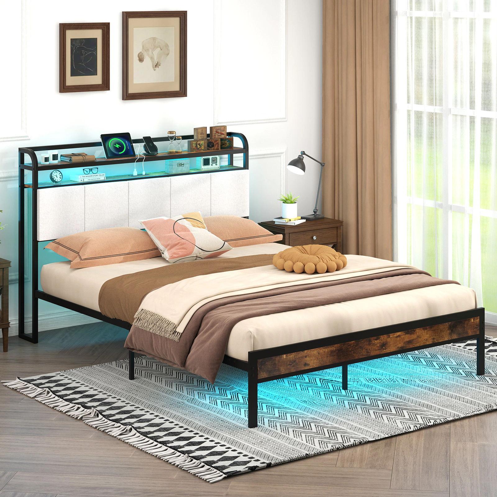 LJG Twin/Full/Queen/King Size Bed Frame with LED Light and Charging Station