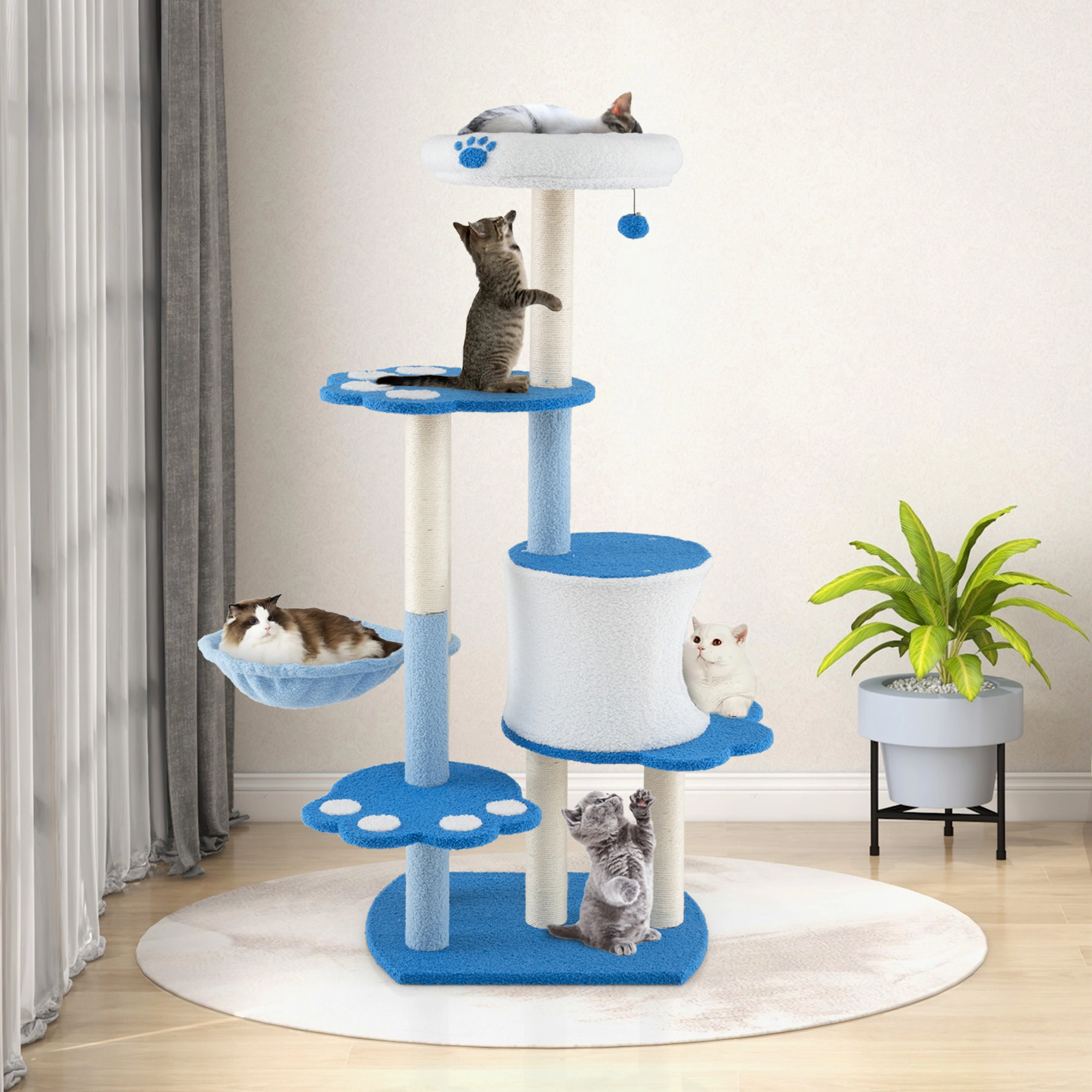 SUGIFT 54-in Tall Modern Cat Tree Tower with Condo, Hammock & Top Perch 22-lb Capacity White & Blue Teddy Plush Fabric