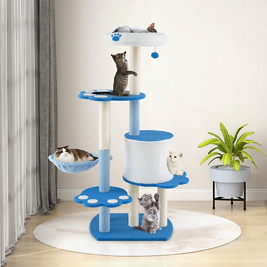 Glintex 54-Inch Modern Cat Tower with Rotatable Hammock and Private Condo, Blue